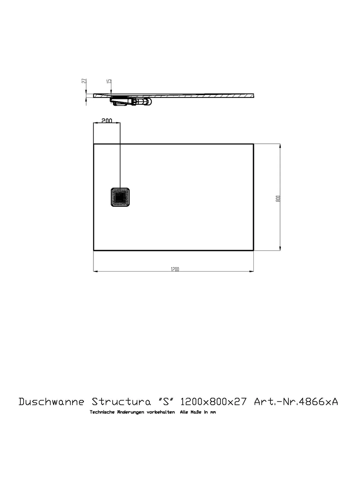 Duschwanne Structura ″S″ 1200x800x27 in gesoftete Schieferoptik, mit Antirutsch B, Material Solique, Weiß