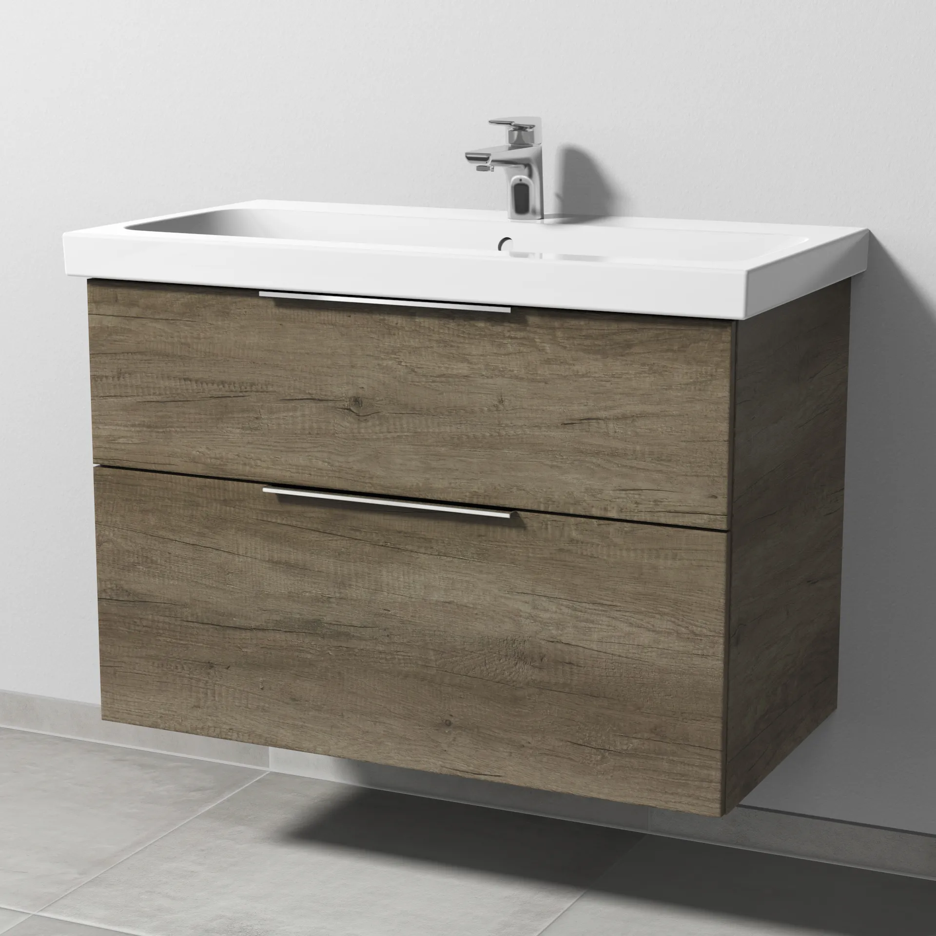 Sanipa Waschtischunterschrank „3way“ passend zu Keramik-Waschtische iCon Light von Geberit 850 × 591 × 462 mm in Eiche Nebraska, Becken mittig, mit