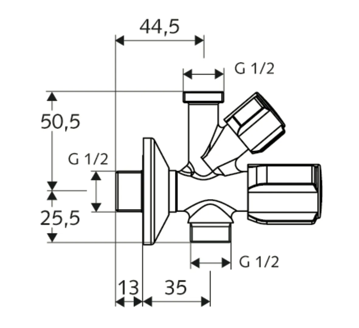 Kombi-Eckventil COMFORT, RFV im Abgang Geräteanschluss, DN 15 G 1/2 AG, 2x DN 15 G 1/2 AG, chrom