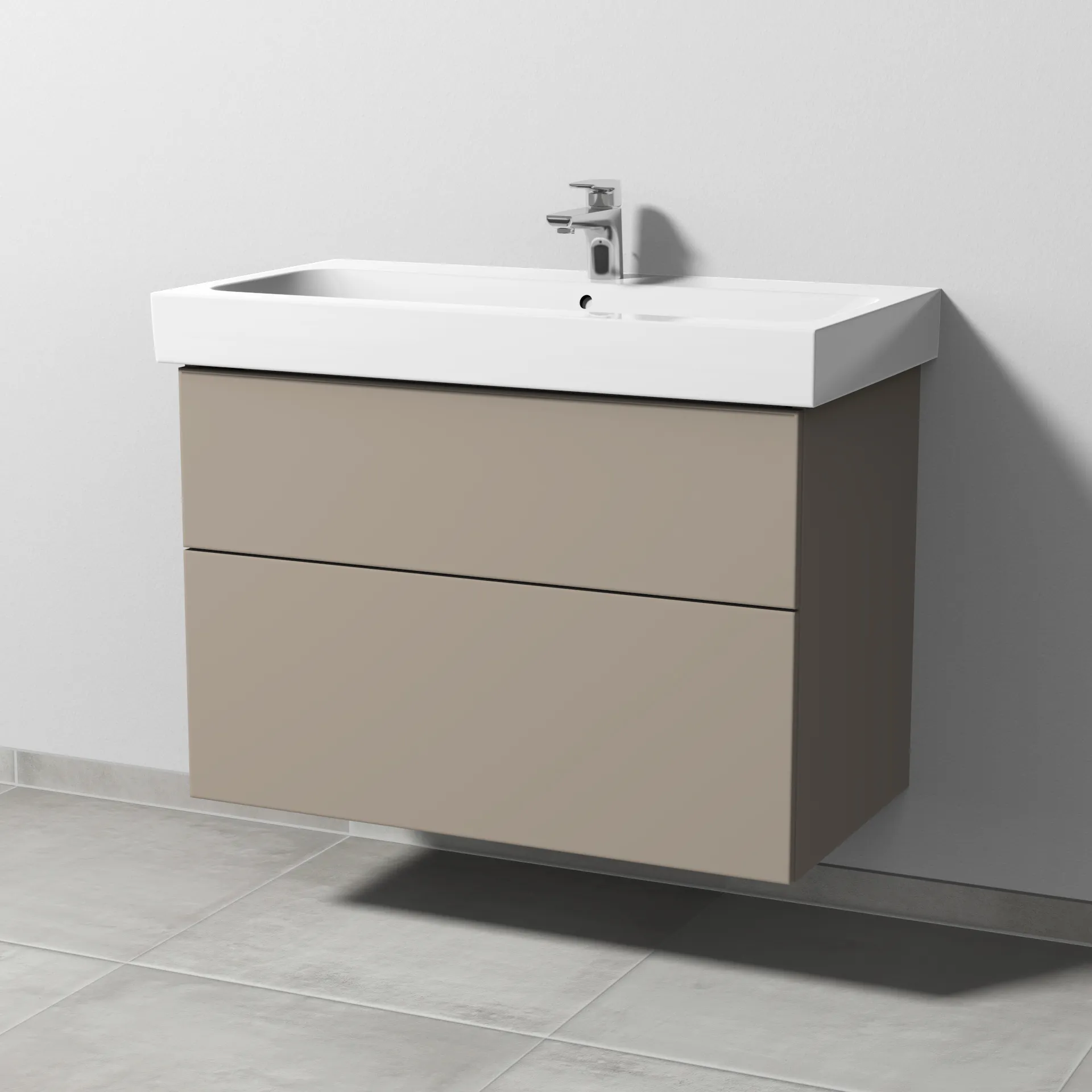 Sanipa Waschtischunterschrank „3way“ passend zu Keramik-Waschtische iCon von Geberit 850 × 593 × 462 mm in Sandgrau (matt), Becken mittig