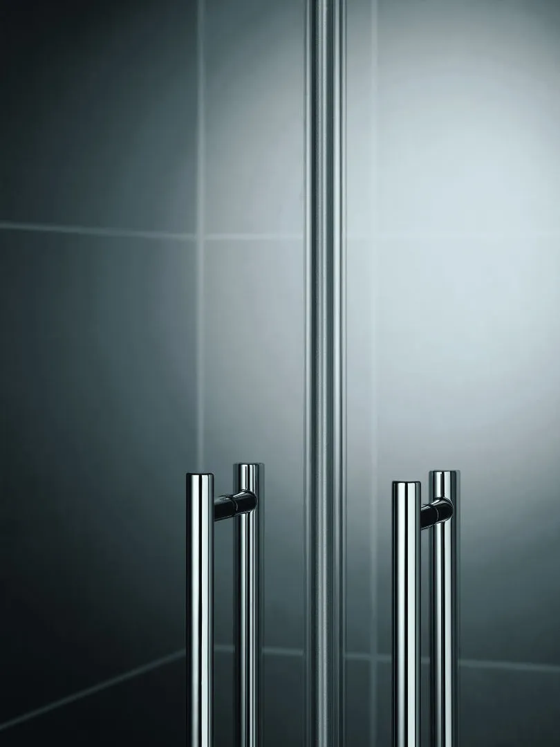 Kermi Duschdesign Fünfeck-Duschkabine mit Pendeltüren mit Festfeldern für ungleichschenklige Wannen „PASA XP“ Glas Klar, Profile Silber Mattglanz, BV: 720 - 870 mm GAK: 705 - 735 mm WE: 730 - 760/880 - 910 mm H: 1850 mm