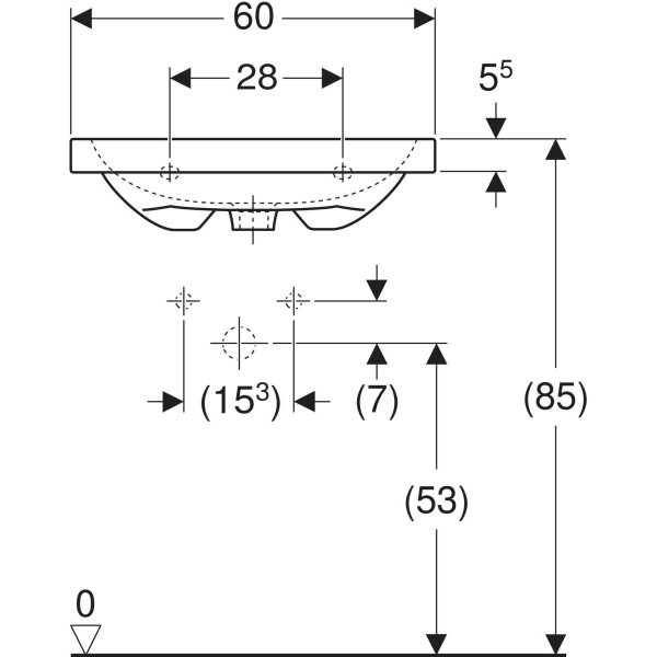 Wandwaschtisch „iCon Light“, mittig, rechteckig, Hahnlochposition mittig 60 × 48 cm in Edelstahl