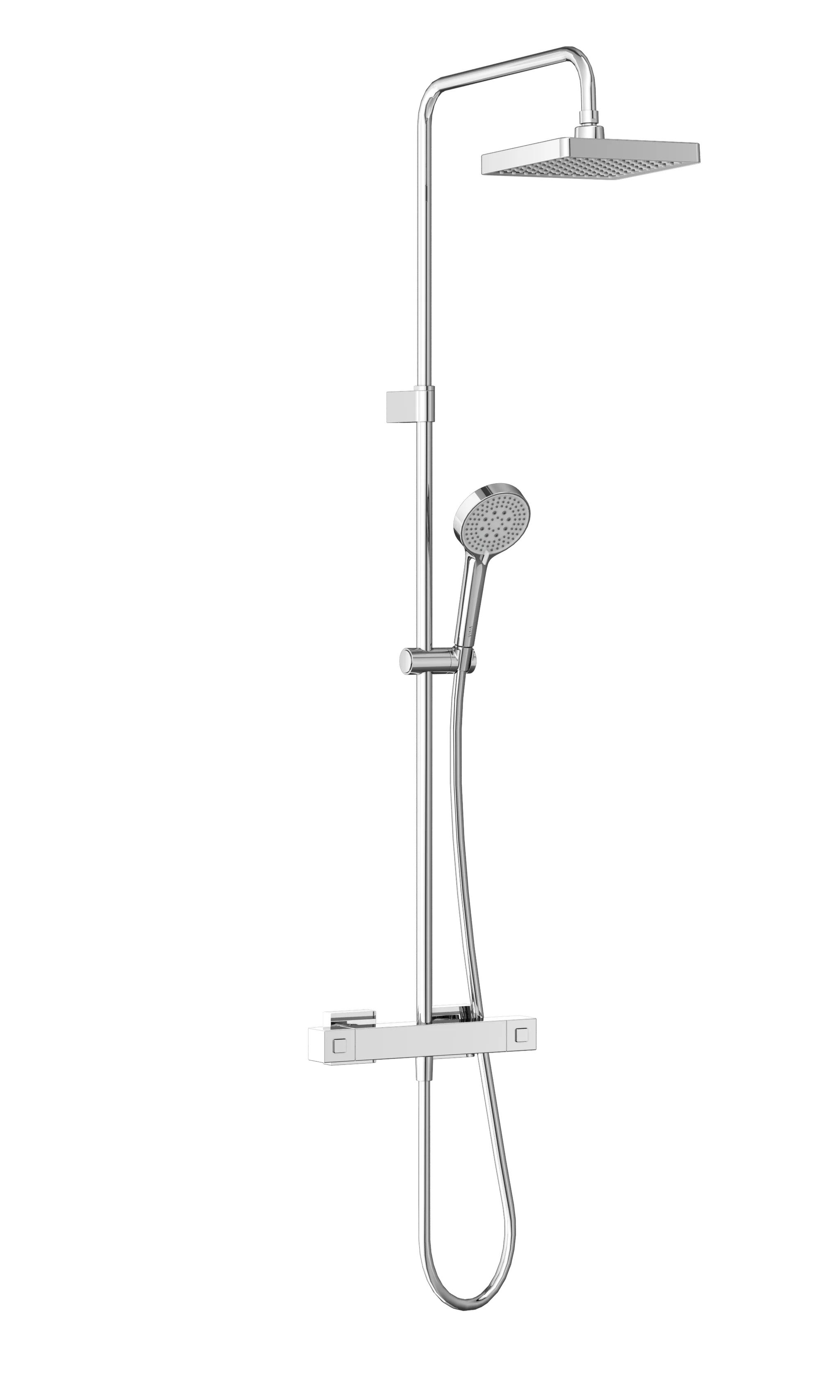 VitrA Base Square Thermostat-Duschsystem Chrom, Wandmontage, Thermostatarmatur mit Sicherheitsstopptaste, Kopf- und Handbrause, Höhe 380 mm, Bohrlochabstand 822 mm
