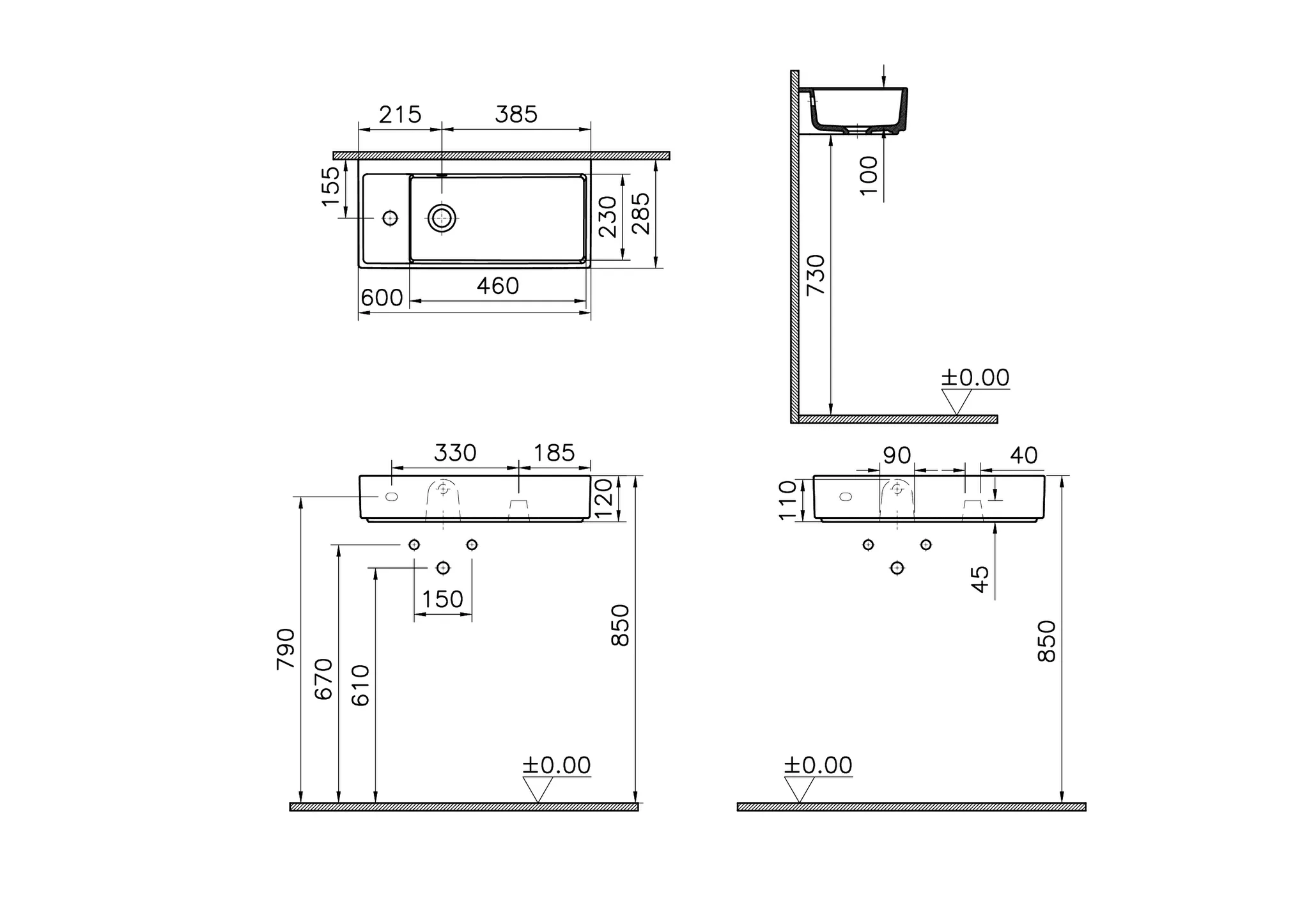 ArchiPlan Waschtisch Compact asymmetrisch 60 x 28 cm rechteckig wandgebunden Becken rechts Hahnloch links mit Überlaufloch Weiß Hochglanz mit Oberflächenveredelung Clean
