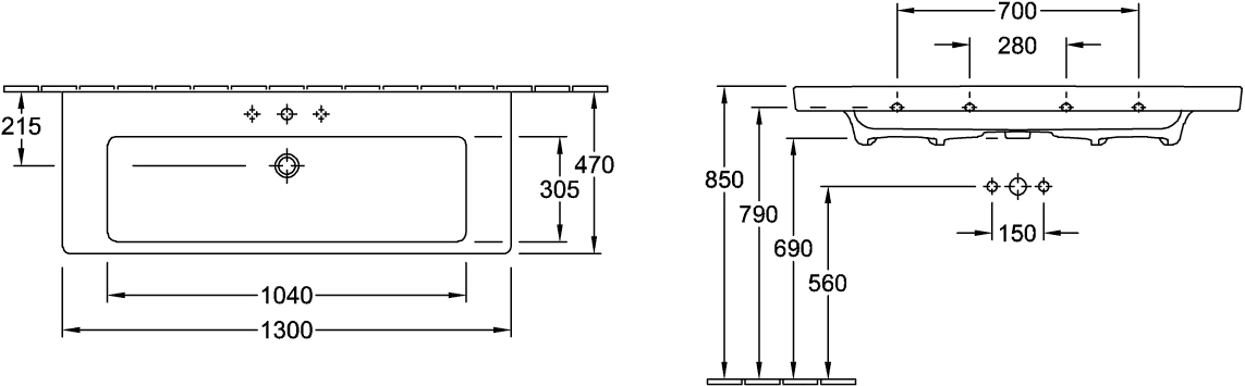 Wandwaschtisch „Subway 2.0“ 130 × 47 × 16 cm, mittig, mit Hahnlochbank, mit Hahnlochbohrung, Hahnlochposition mittig