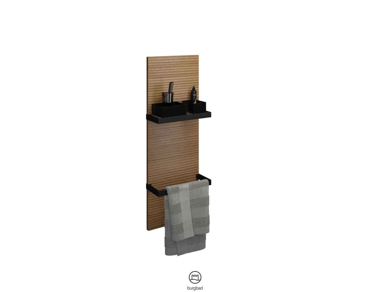 Wandpaneel, Wandpaneel mit Plisséestruktur in Frontfarbe;2 Handtuchhalter, Metall Schwarz;2 Kunststoffboxen, Schwarz, Tiefe: 150 mm, Breite: 350 mm, Höhe: 1000 mm