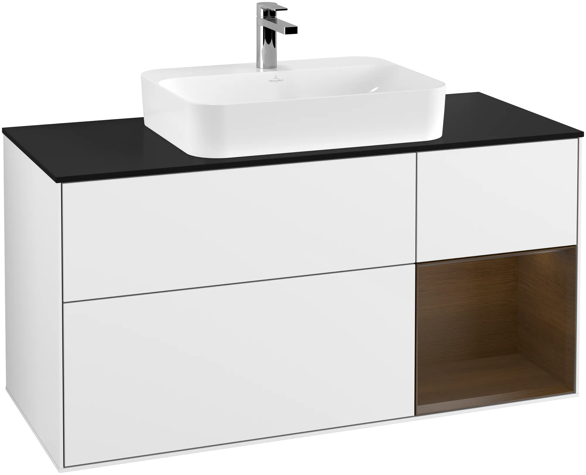 Villeroy & Boch Finion Waschbeckenunterschrank F42 1200x603x501mm Glossy White Lacquer / Walnut Veneer / Glass Black Matt