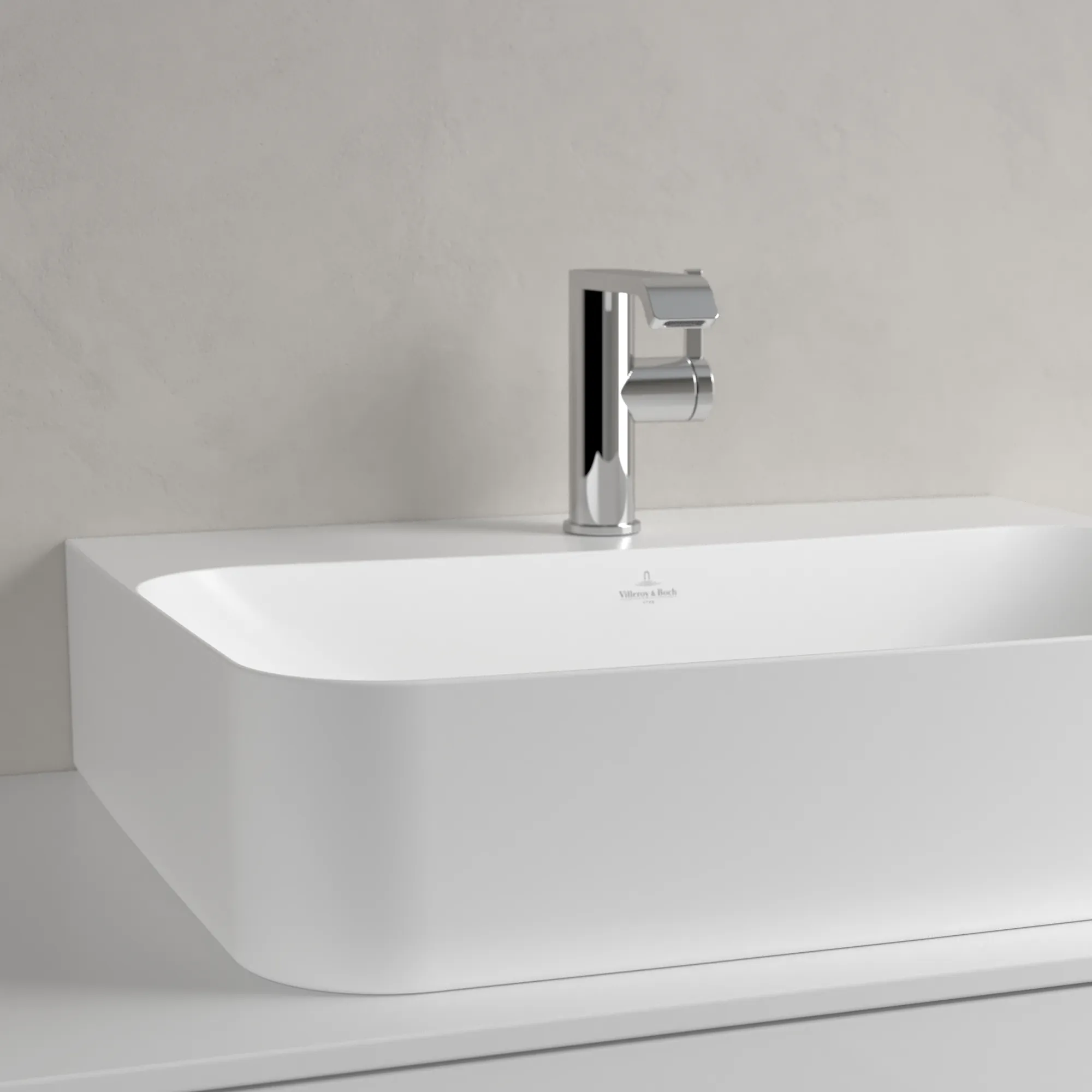 Villeroy & Boch Wandwaschtisch aus TitanCeram geschliffen „Finion“ 600 × 470 × 164 mm, mit Hahnlochbohrung, Hahnlochposition mittig in Stone White, mit CeramicPlus