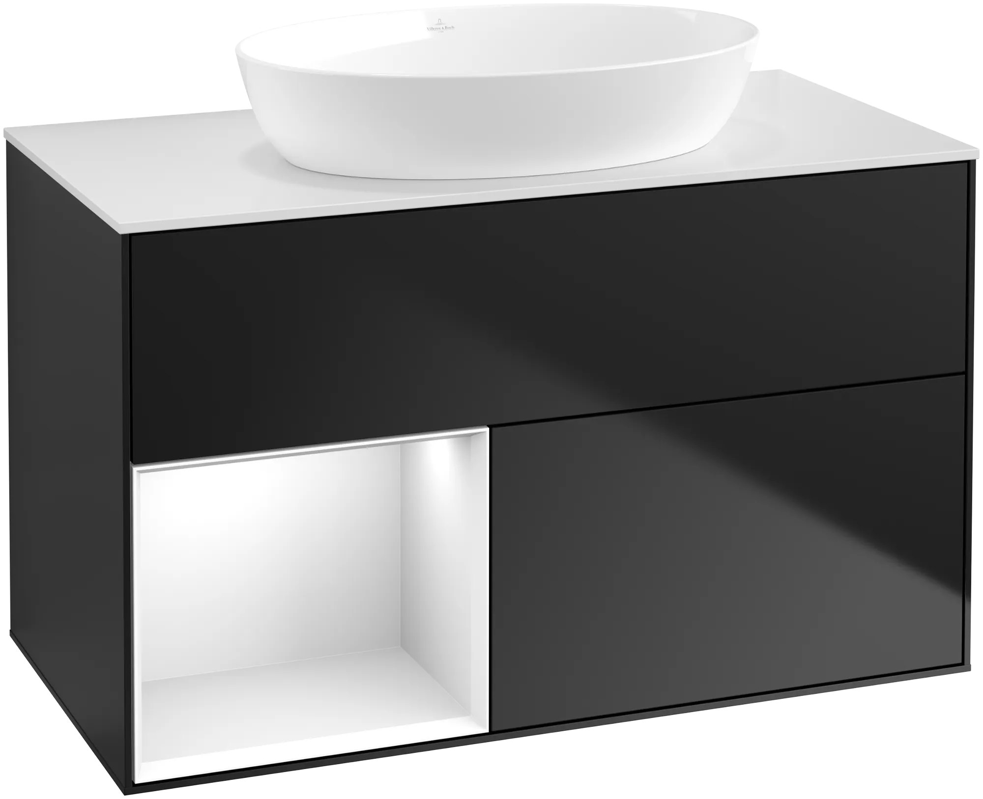 Villeroy & Boch Finion Waschbeckenunterschrank FA1, 1000 x 603 x 501 mm, Black Matt Lacquer / Glossy White Lacquer / Glass White Matt