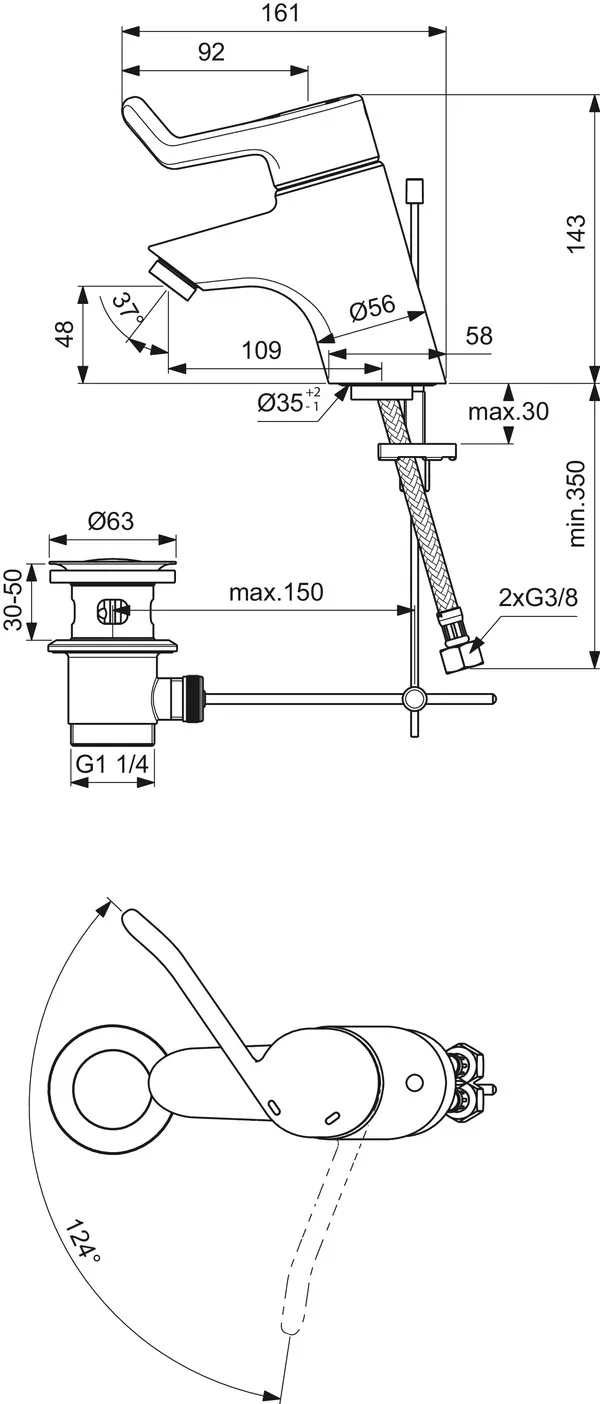 Waschtisch-Sicherheitsarmatur Ceraplus, mit Ablauf garn, Bedienhebel 120mm, Ausladung 109mm, Chrom