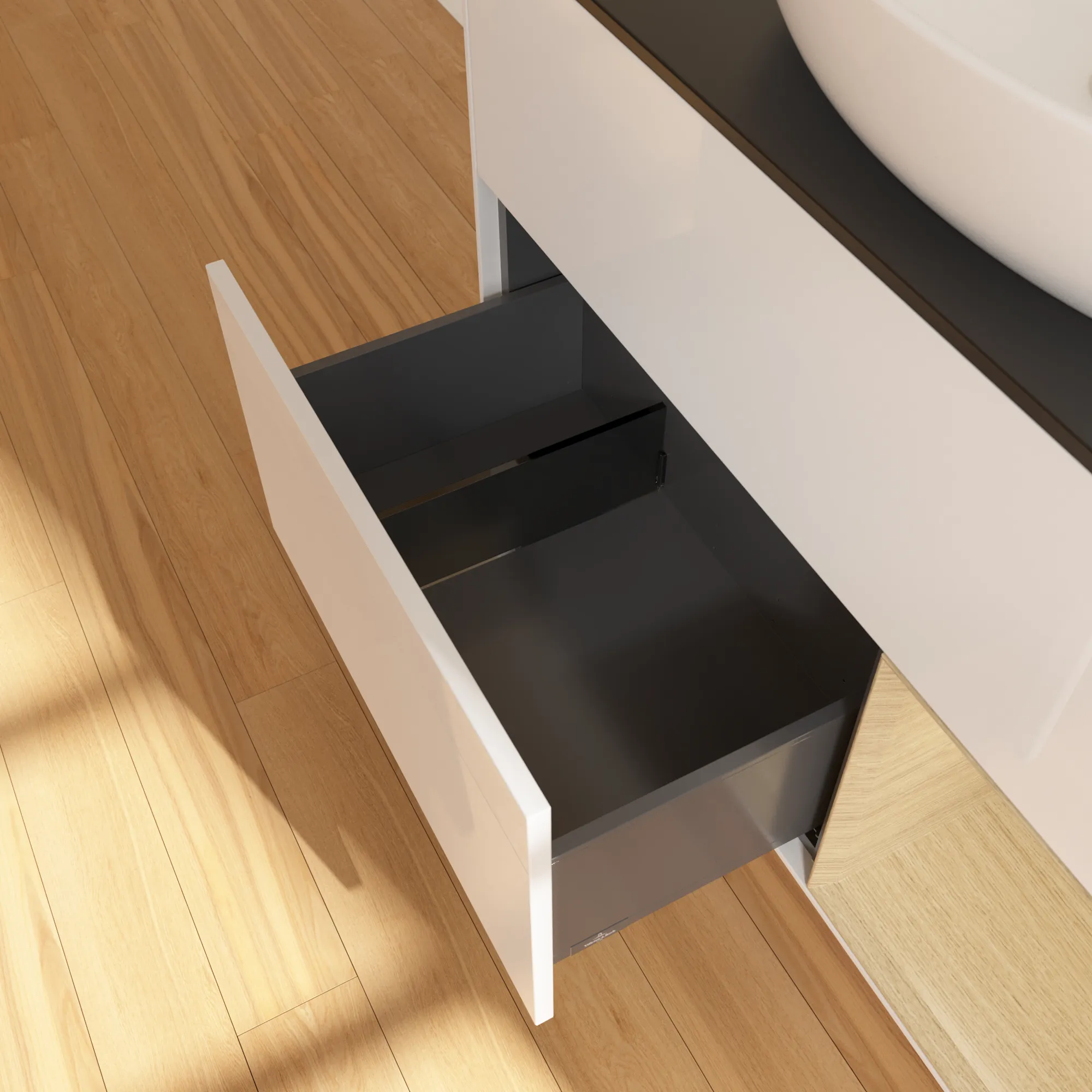 Villeroy & Boch Finion FA2 Waschbeckenunterschrank, 1000 x 603 x 501 mm, Glossy White Lacquer / Oak Veneer / Glass Black Matt