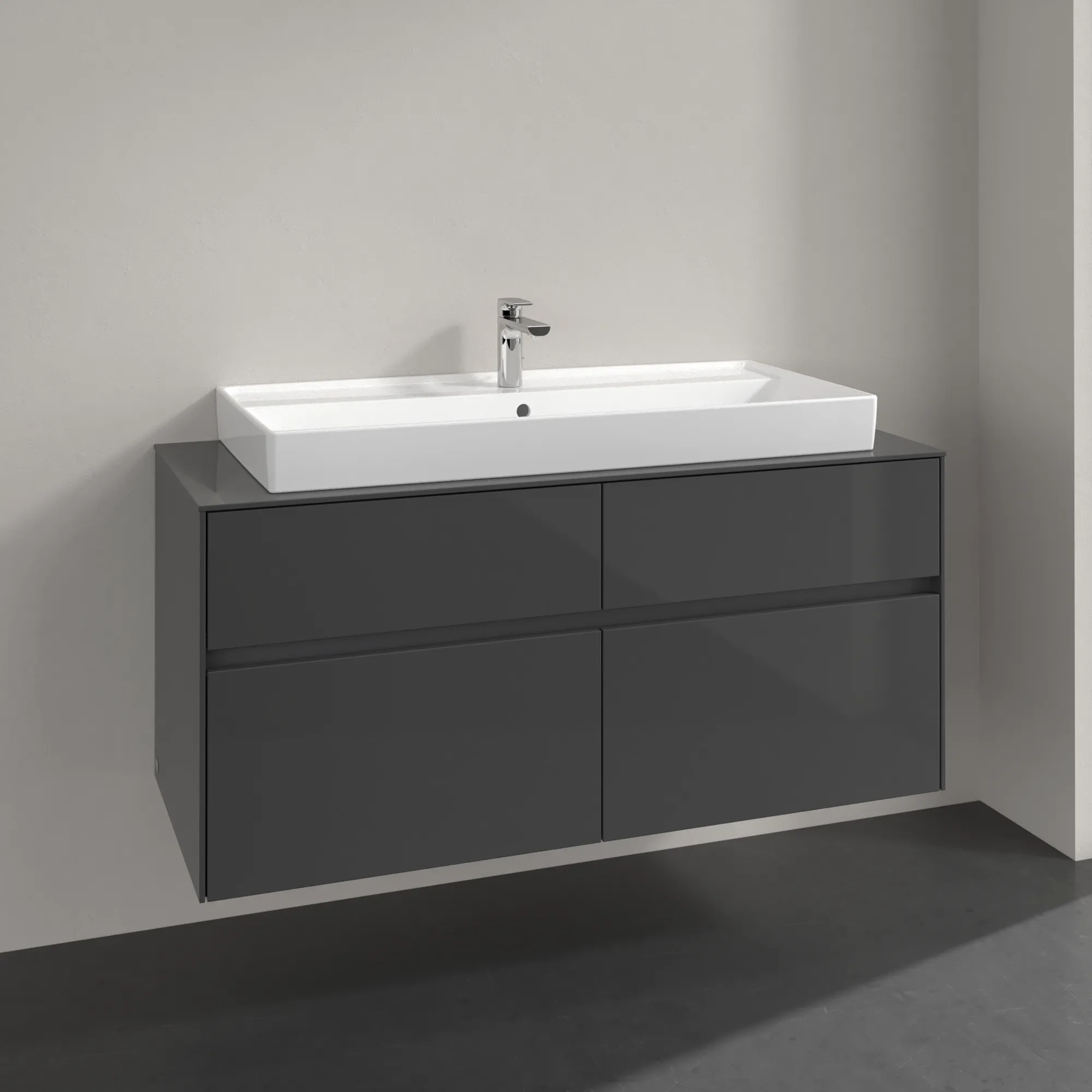 Villeroy & Boch Waschtischunterschrank „Collaro“ 1200 × 548 × 500 mm Glossy Grey, ohne Beleuchtung, für Becken mittig Villeroy & Boch Waschtischunterschrank „Collaro“ 1200 × 548 × 500 mm Glossy Grey, ohne Beleuchtung, für Becken mittig