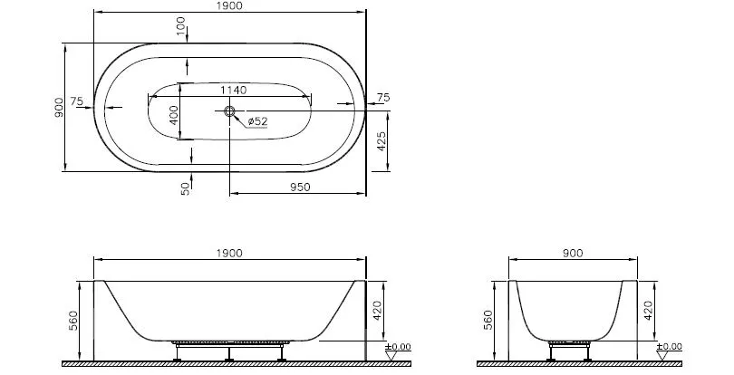 VitrA Istanbul Badewanne oval 190 x 90 cm freistehend Acryl Weiß Hochglanz