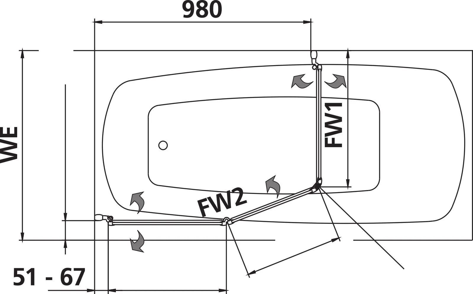 Kermi Badewannenabtrennung Faltwand 2- und 1-flügelig mit Magnetverschluss „VARIO 2000“, Falttür Glas Kerolan Perl, Profile Weiß (RAL 9016), BV: 740 - 763 mm WE: 740 - 763 mm H: 1400 mm