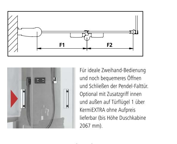 Kermi Pendel-Falttür rechts für Ecke „Diga“ Glas Klar, Falttür BV: 1180 - 1200 mm GAK: 1165 - 1185 mm WE: 1190 - 1210 mm H: 2000 mm