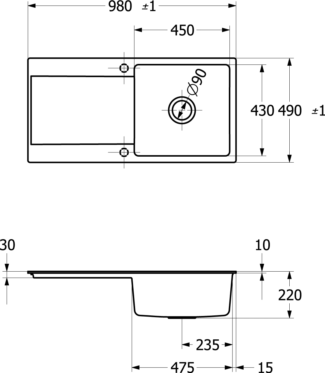 Villeroy & Boch flächenbündiges Küchenspülbecken „Siluet“ 60 flat 980 × 490 × 220 mm in Chromite