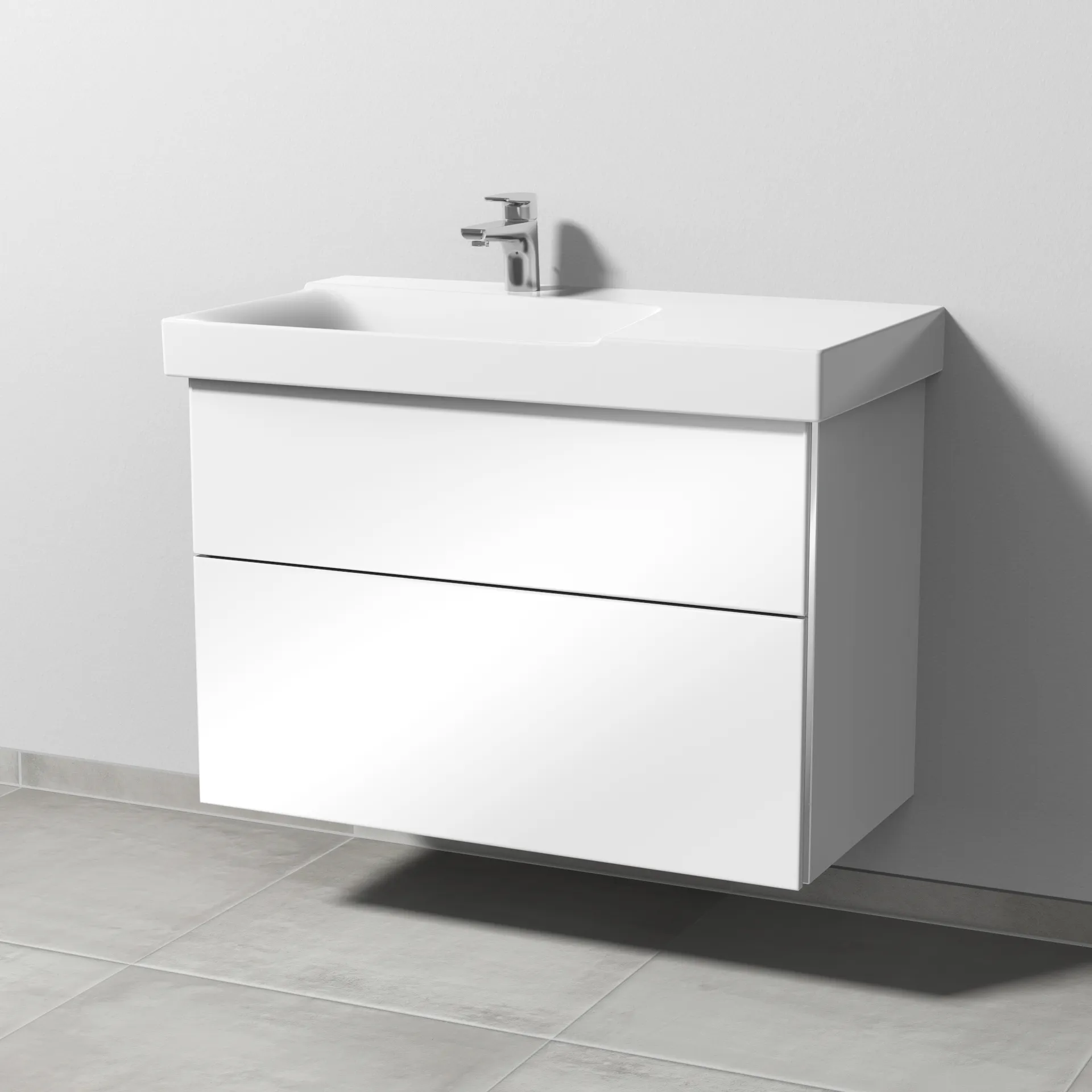Sanipa Waschtischunterschrank „3way“ passend zu Keramik-Waschtische Xeno2 von Geberit 850 × 593 × 452 mm in Weiß (glanz), Becken links