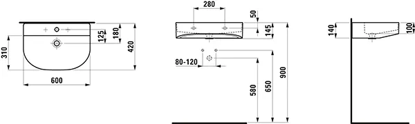 Waschtisch SONAR 420x600x145 1 Hahnloch mit Überlauf weiß