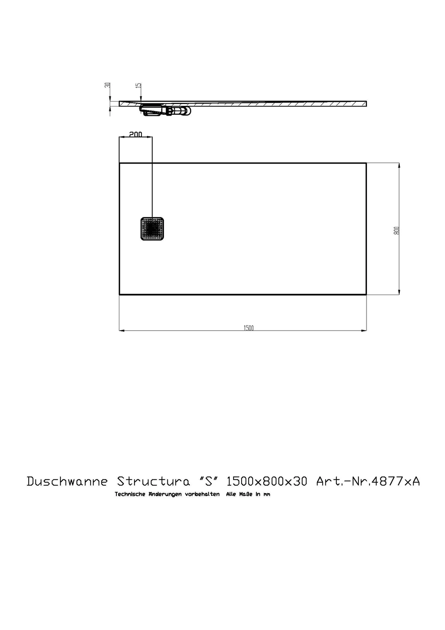 Duschwanne Structura ″S″ 1500x800x30 in gesoftete Schieferoptik, mit Antirutsch B, Material Solique, Weiß