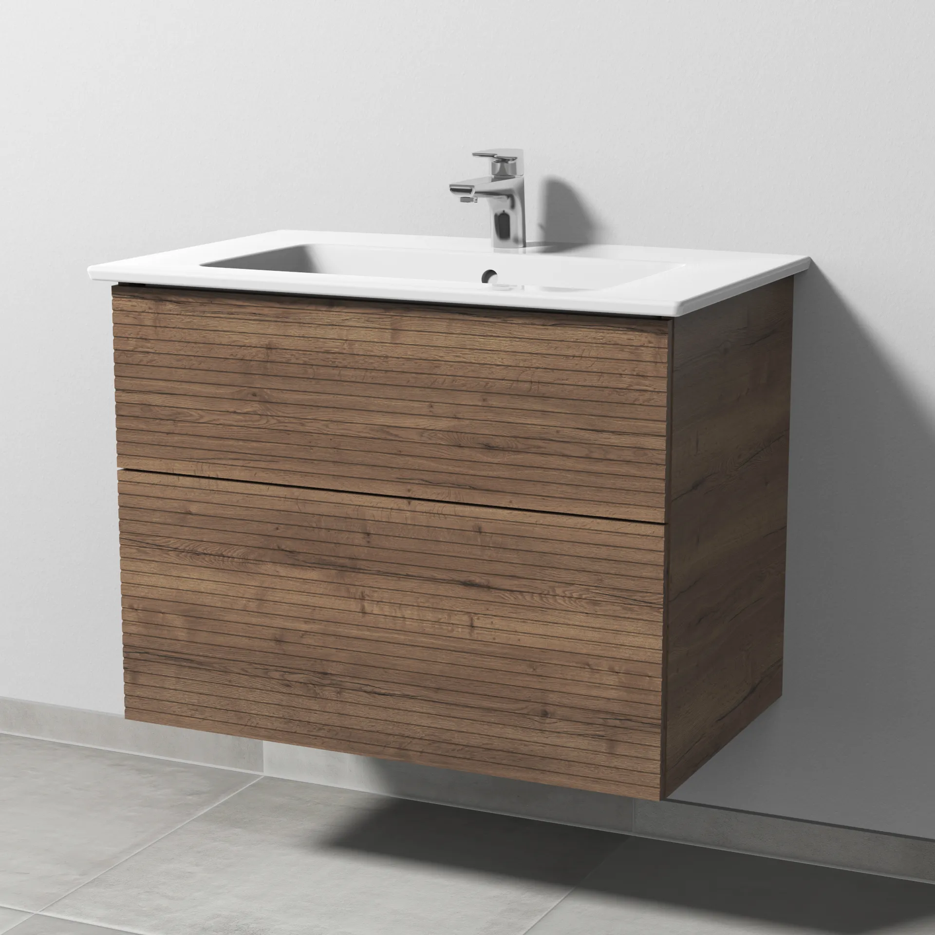 Set „3way“ Struktur 75,5 × 47,7 × 59,1 cm in Eiche Tabak, mit Hahnlochbohrung, Becken mittig Set „3way“ Struktur 75,5 × 47,7 × 59,1 cm in Eiche Tabak, mit Hahnlochbohrung, Becken mittig