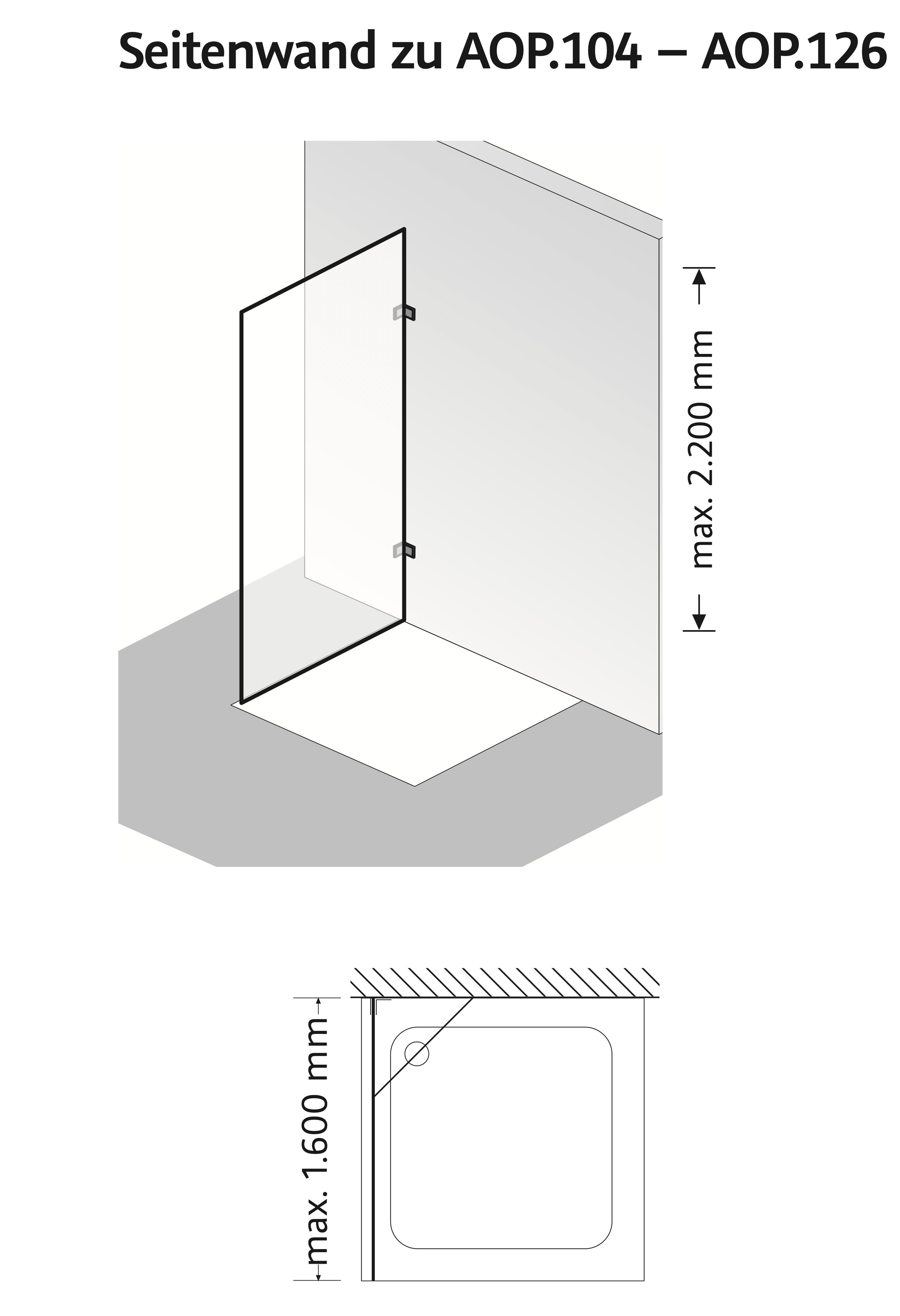 HSK rahmenlos Seitenwand links „Aperto Pur“ zu AOP.104 -AOP.126 Glas Klar hell, Scharniere Chromoptik (Alu Hochglanz poliert), für #Türbreite#, Sondergröße HSK rahmenlos Seitenwand links „Aperto Pur“ zu AOP.104 -AOP.126 Glas Klar hell, Scharniere Chromoptik (Alu Hochglanz poliert), für #Türbreite#, Sondergröße