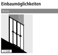 Duschtür Gleittür 4-teilig bodenfrei mit Festfeldern für Nische und Ecke „LIGA“ Profile Silber Mattglanz, Schiebetür vierteilig BV: 1160 - 1210 mm GAK: 1150 - 1200 mm WE: 1160 - 1210 mm H: 1850 mm