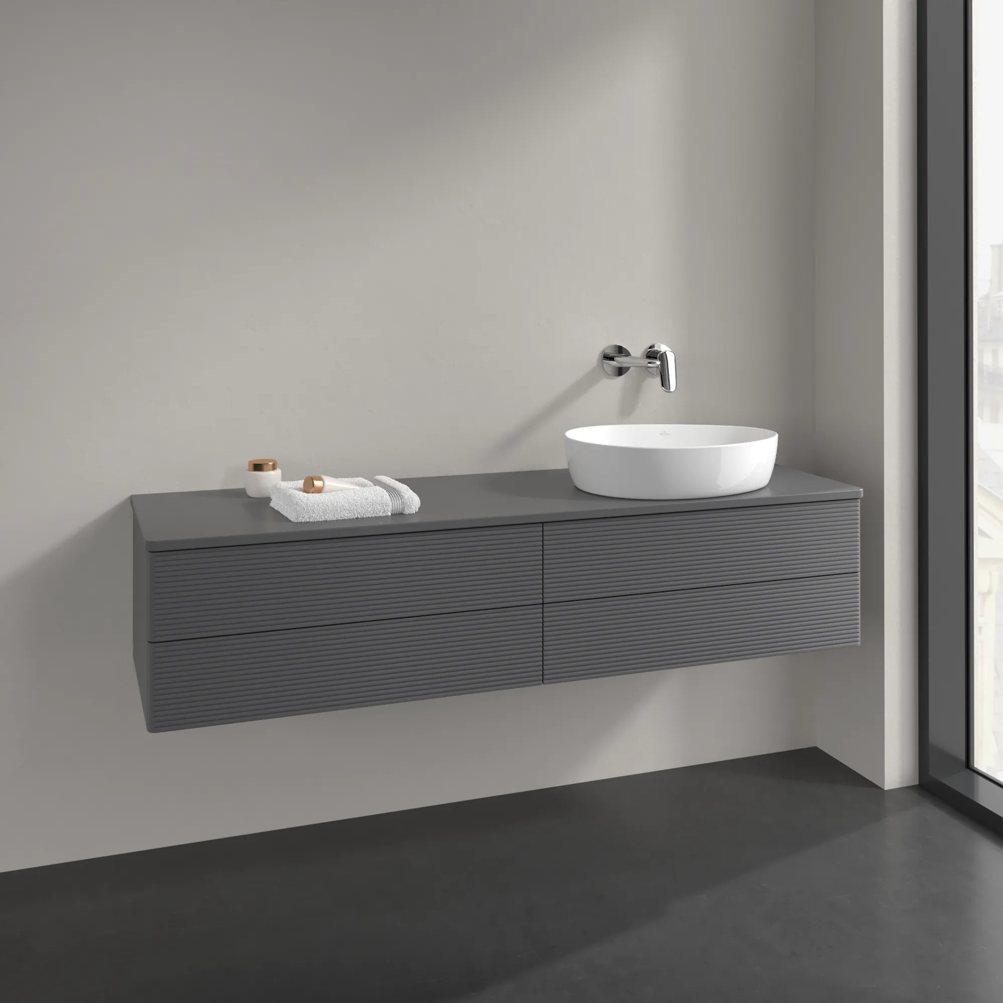 Villeroy & Boch Waschtischunterschrank „Antao“ 1600 × 360 × 500 mm Anthracite Matt Lacquer, für Becken rechts, ohne Beleuchtung Villeroy & Boch Waschtischunterschrank „Antao“ 1600 × 360 × 500 mm Anthracite Matt Lacquer, für Becken rechts, ohne Beleuchtung