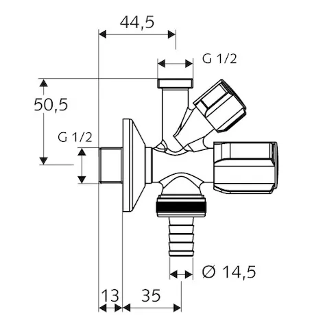 Kombi-Eckventil COMFORT, RFV im Abgang Geräteanschluss, DN 15 G 1/2 AG, Schlauchverschraubung Ø 14,5 mm (DN 20 G 3/4 AG), DN 15 G 1/2 AG, chrom
