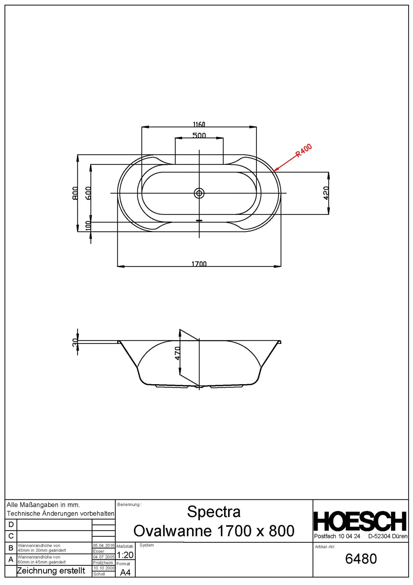 Hoesch Badewanne „Spectra“ oval 170 × 80 cm in Weiß