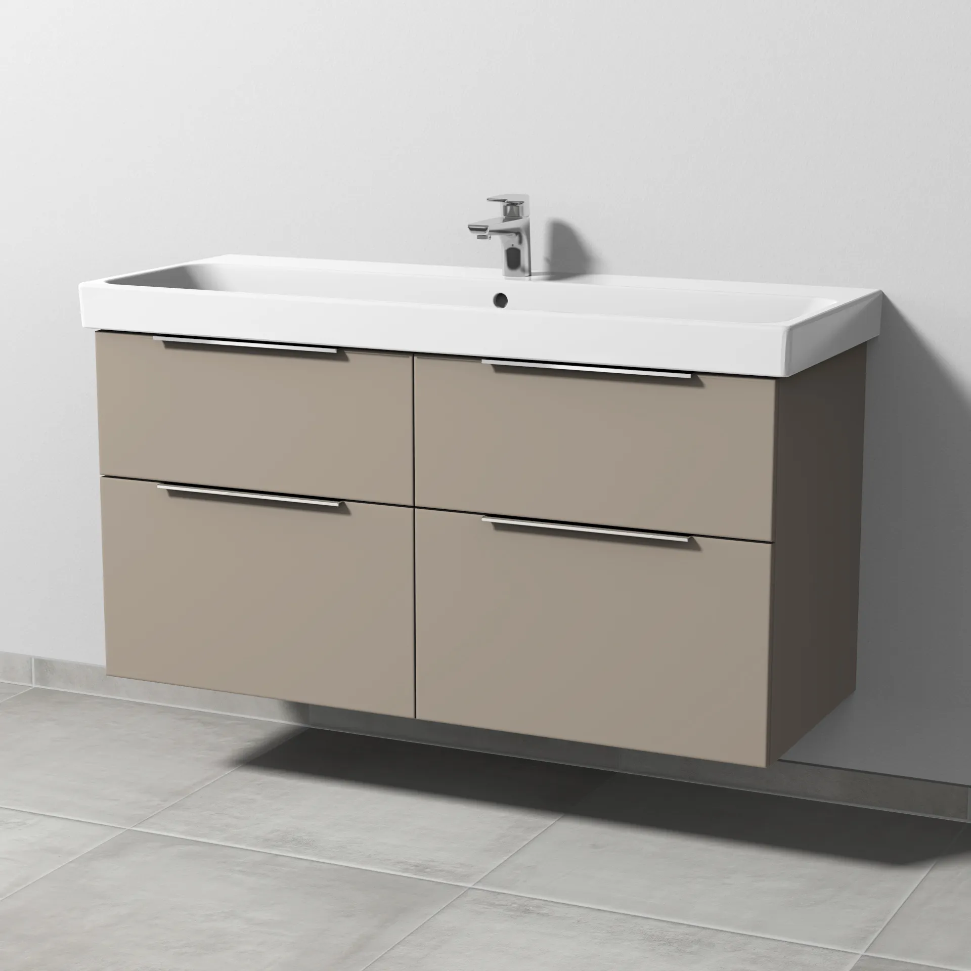 Sanipa Waschtischunterschrank „3way“ 1150 × 588 × 453 mm in Sandgrau (matt), mit Hahnlochbohrung, Becken mittig Sanipa Waschtischunterschrank „3way“ 1150 × 588 × 453 mm in Sandgrau (matt), mit Hahnlochbohrung, Becken mittig