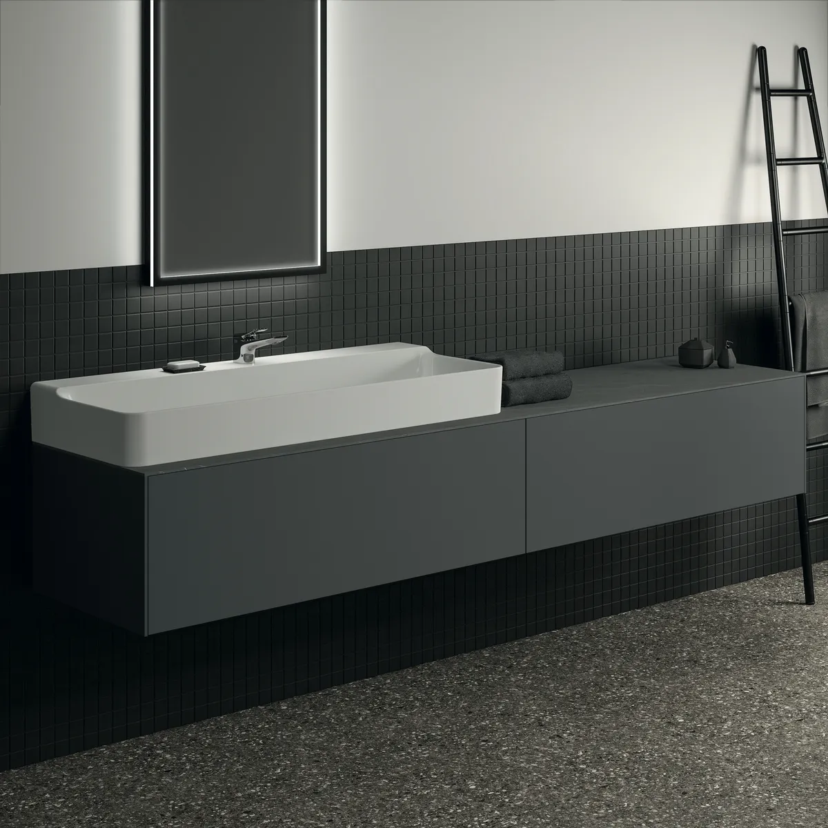 Waschtischplatte Conca, aus Keramik, 2387x505x6mm, Marmor Noir Desir