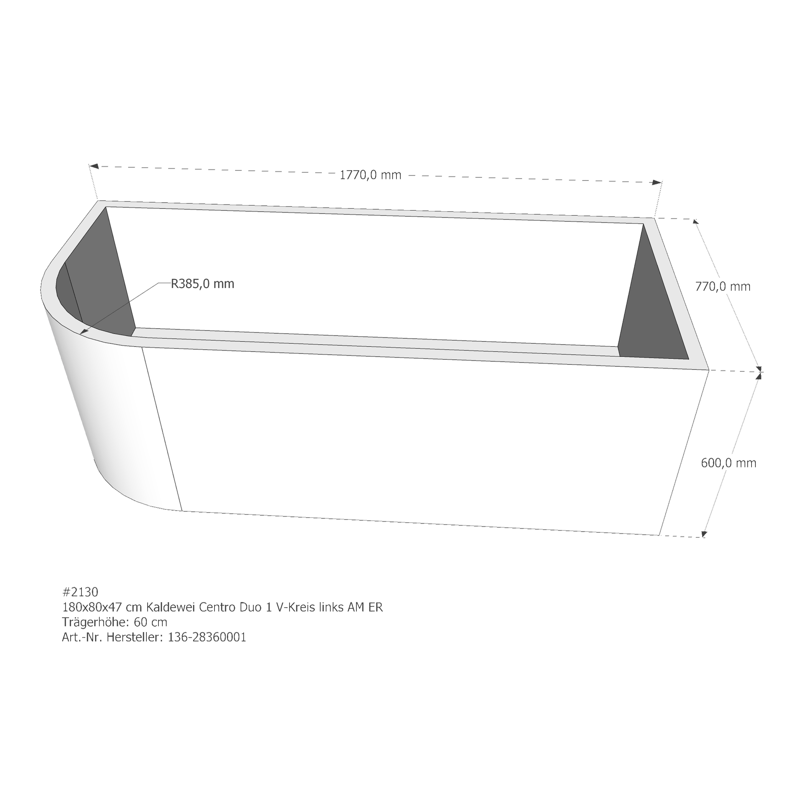 Badewannenträger für Kaldewei Centro Duo 1 links 180 × 80 × 47 cm