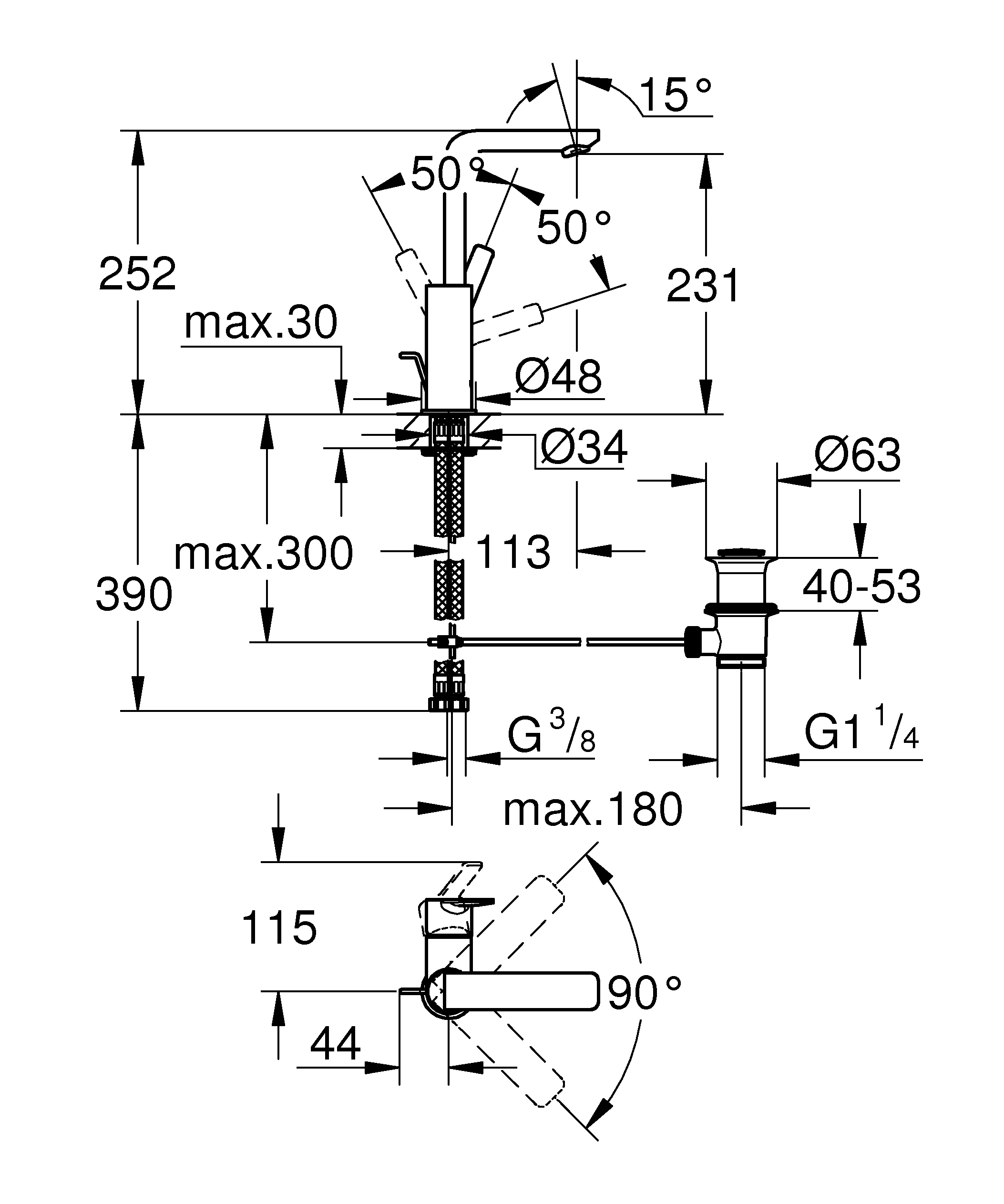 Einhand-Waschtischbatterie Lineare 23296_1, L-Size, Einlochmontage, schwenkbarer Auslauf, Zugstangen-Ablaufgarnitur 1 1/4″, chrom