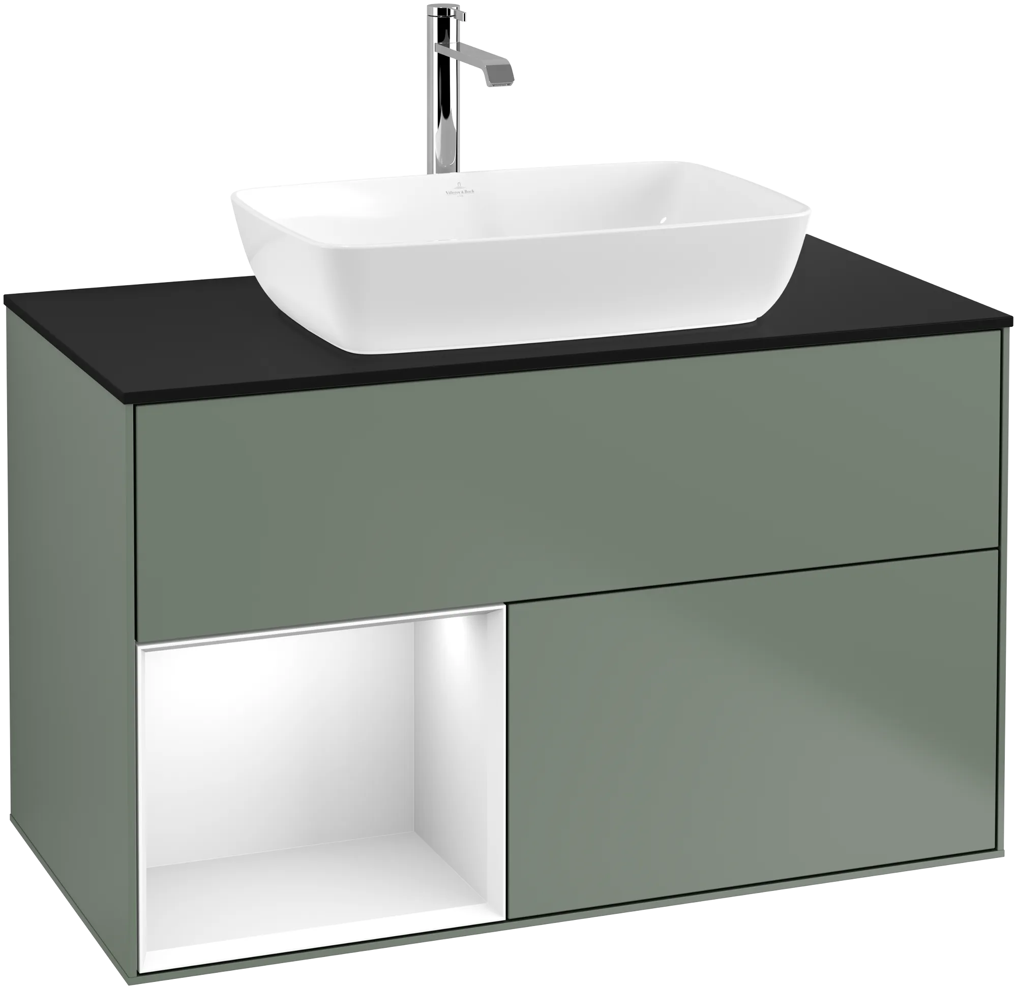 Villeroy & Boch Waschbeckenunterschrank Finion F77, 1000 x 603 x 501 mm, Olive Matt Lacquer / Glossy White Lacquer / Glass Black Matt