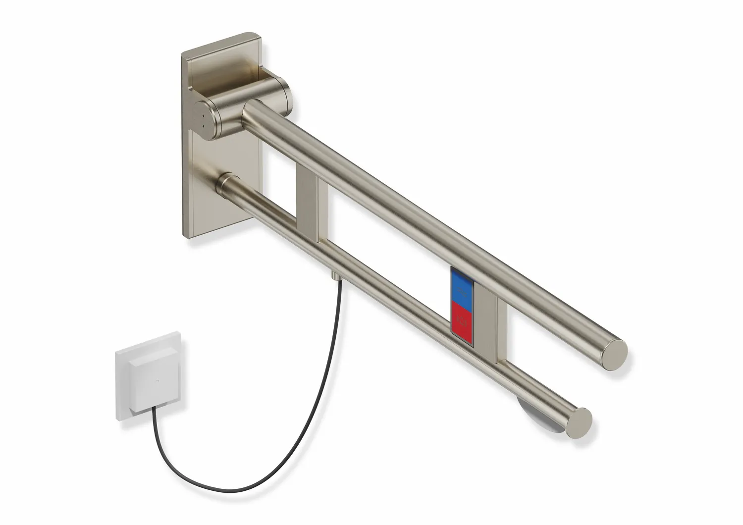 Stützklappgriff Duo, Design A des Systems 900, Edelstahl, PVD, Ausladung 700 mm, mit WC-Papierhalter und Spül-/Funktionstasten (E-Ausführung),