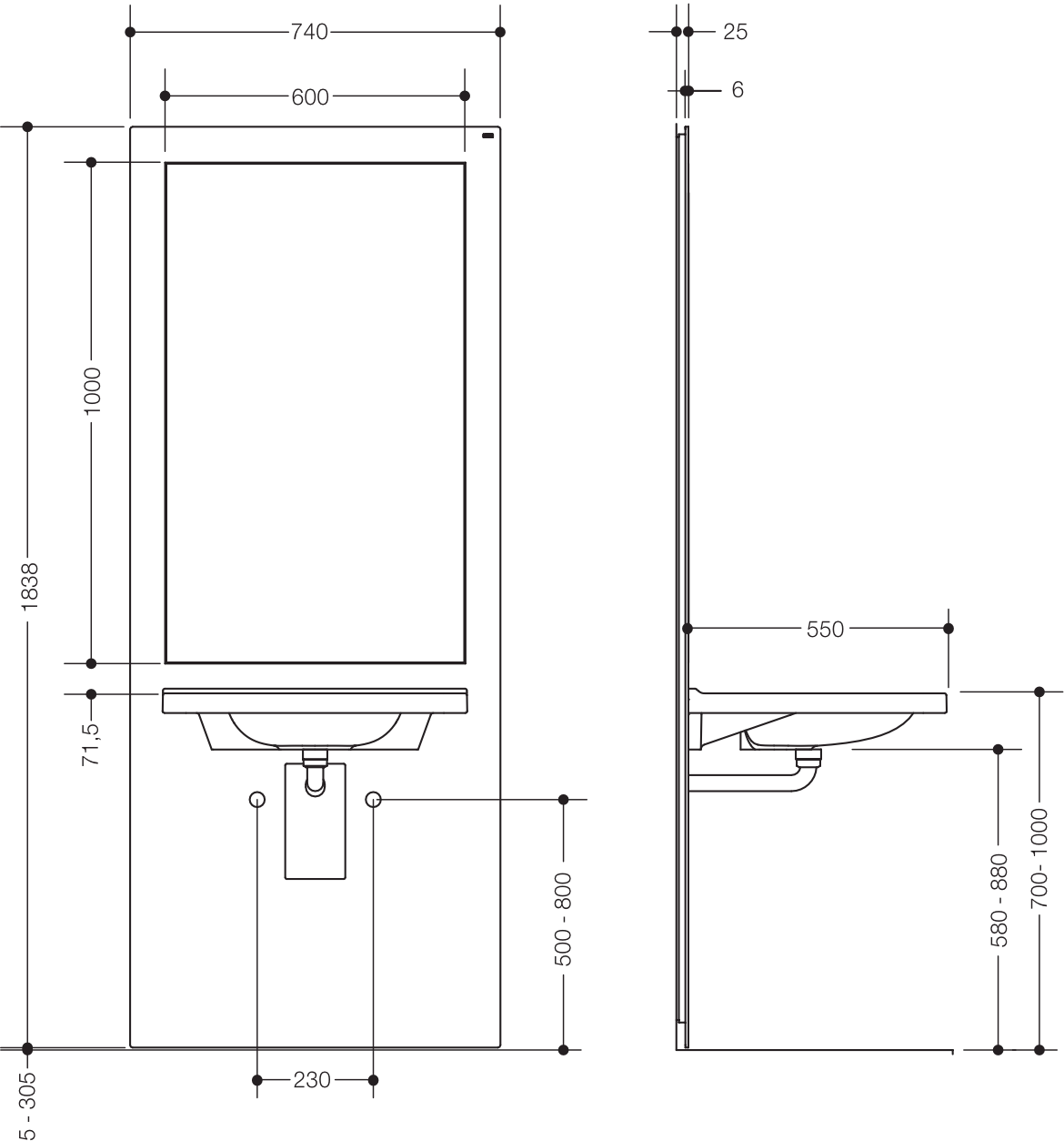 Waschtisch-Modul „S 50“ Set 74 × 183,8 cm