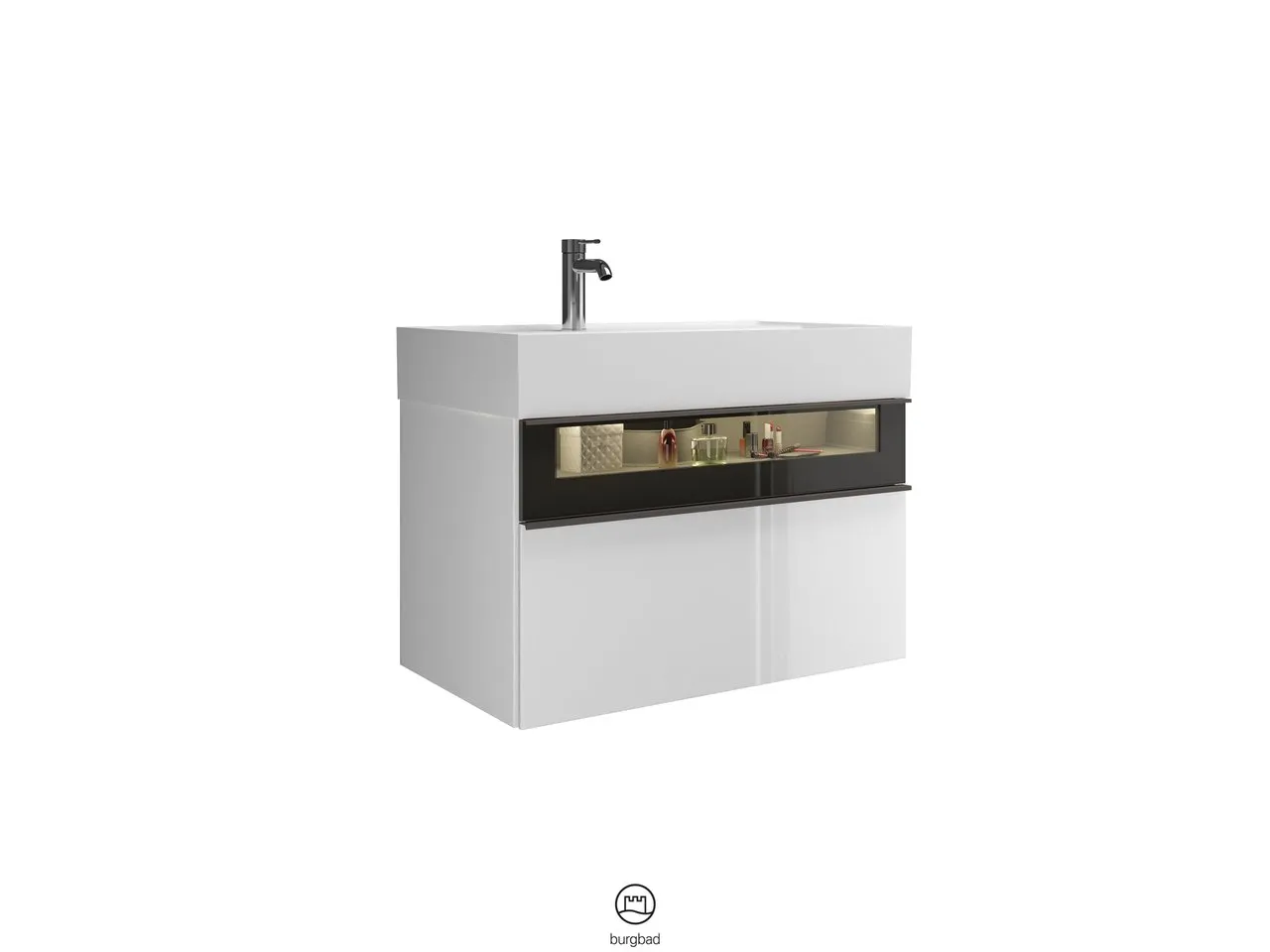 Mi-Waschtisch inkl. WTU Yumo von burgbad – 470x815x610 mm, Mineralguss, Rauchglasfront, LED-Beleuchtung Mi-Waschtisch inkl. WTU Yumo von burgbad – 470x815x610 mm, Mineralguss, Rauchglasfront, LED-Beleuchtung