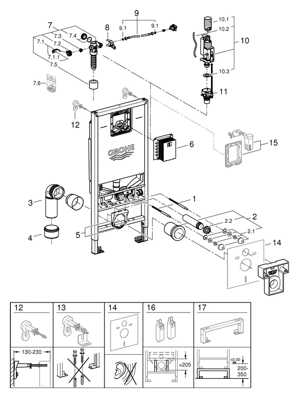 Wand-WC-Element Rapid SLX 39596, 1,13 m Bauhöhe, für Vorwand- oder Ständerwandmontage, mit Spülstromdrossel, Stromanschluss (Klemmdose) und Wasseranschluss für Dusch WC, mit kleinem Revisionsschacht für kleine WC-Betätigungen