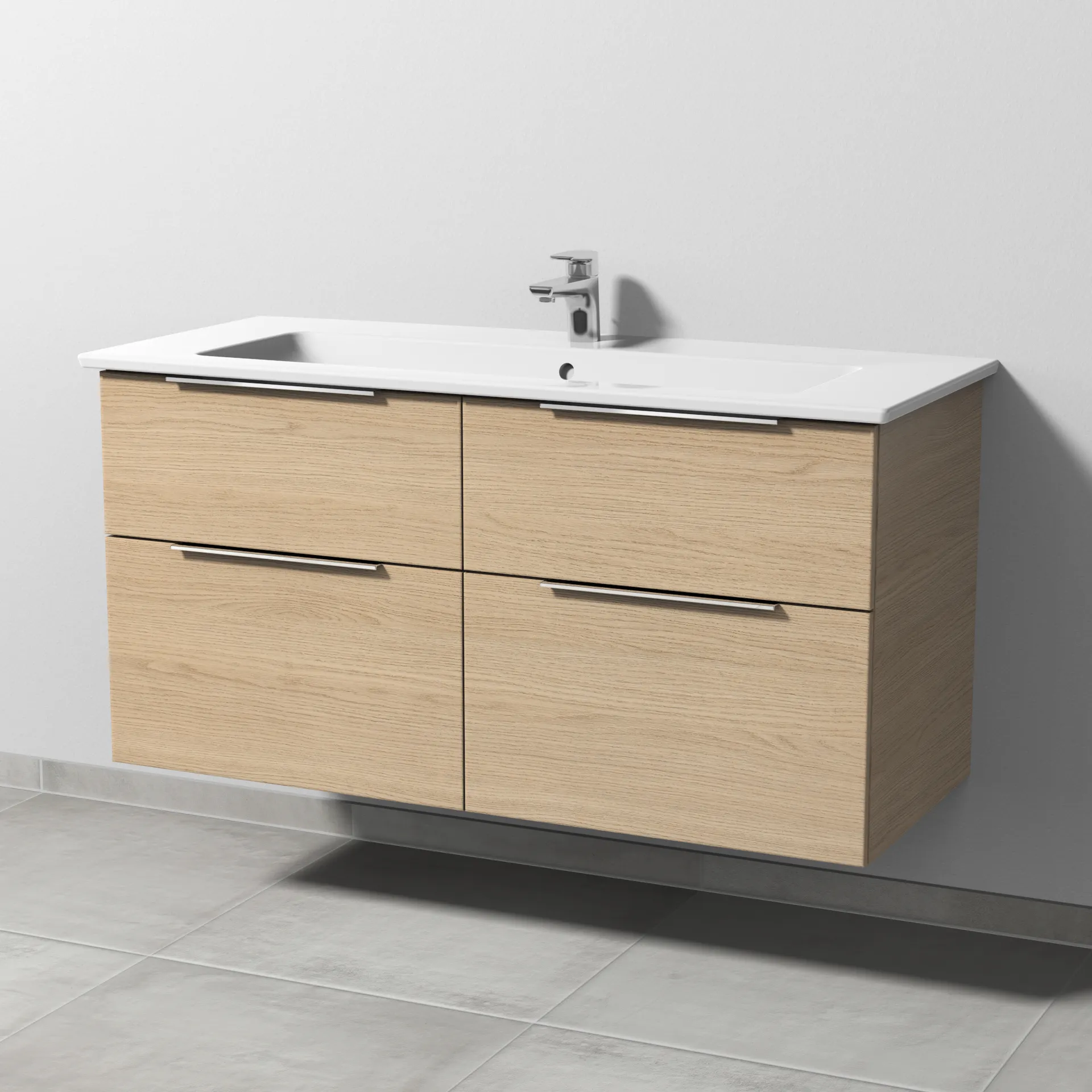 Keramik-Waschtisch-Set mit Waschtischunterschrank „3way“ 115,5 × 47,7 × 59,1 cm in Eiche Nordic, mit Hahnlochbohrung, Becken mittig Keramik-Waschtisch-Set mit Waschtischunterschrank „3way“ 115,5 × 47,7 × 59,1 cm in Eiche Nordic, mit Hahnlochbohrung, Becken mittig