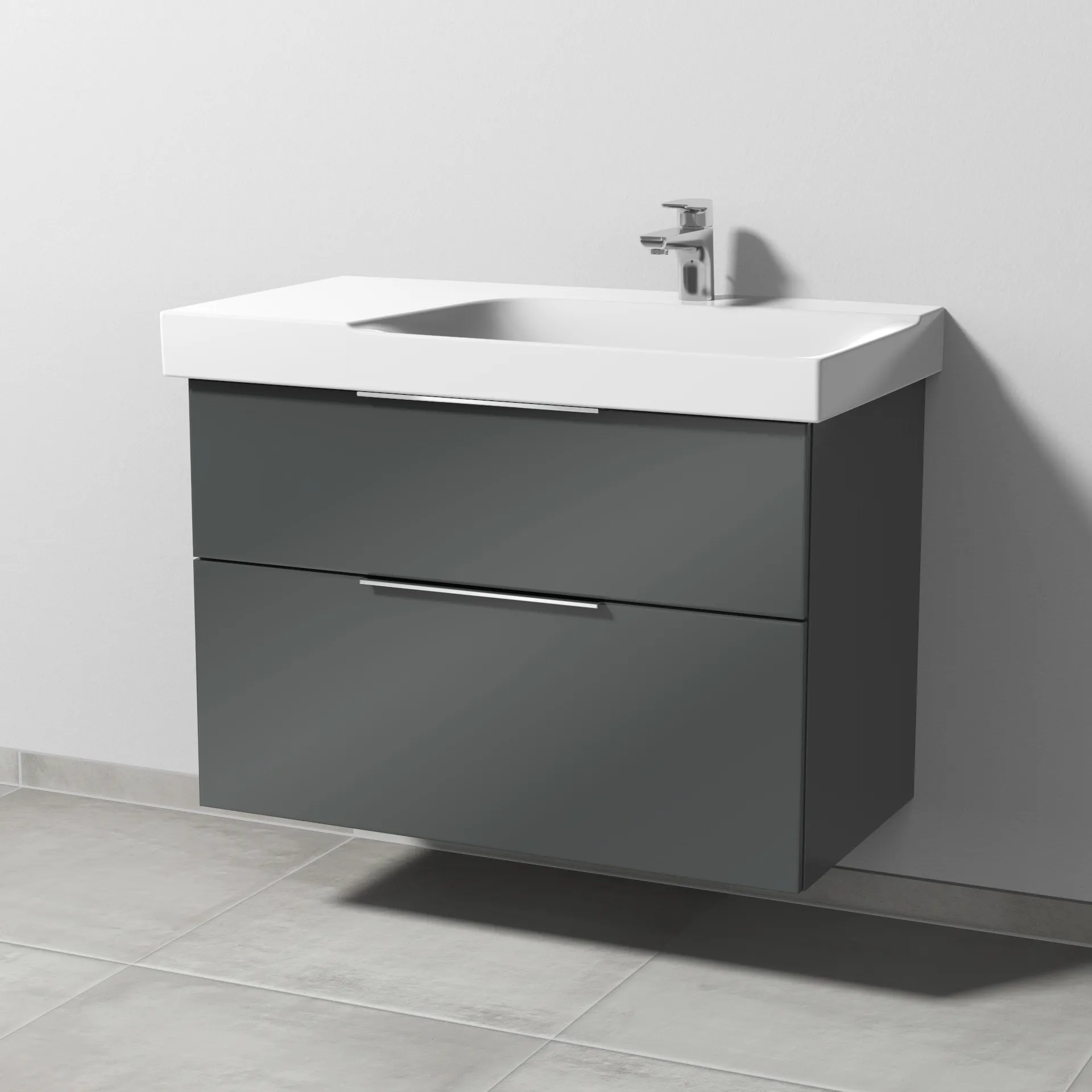 Sanipa Waschtischunterschrank „3way“ passend zu Keramik-Waschtische Xeno2 von Geberit 850 × 593 × 452 mm in Anthrazit (glanz), Becken rechts