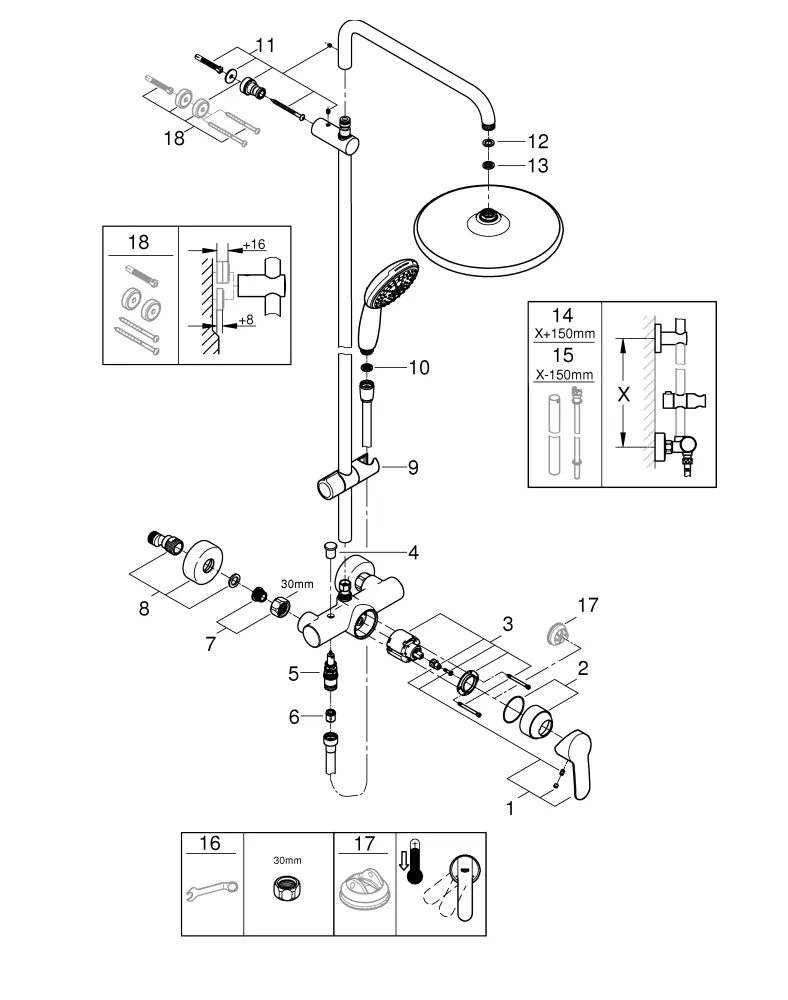 Duschsystem Tempesta 250 26673_1, mit Brausebatterie, Wandmontage, Kopfbrause Tempesta 250, weiße Rückseite, Strahlart: Rain, Handbrause Tempesta 110, 2 Strahlarten: Rain/Jet, Water Saving, Maximaler Durchfluss (bei 3 bar): 8,1 l/min, chrom
