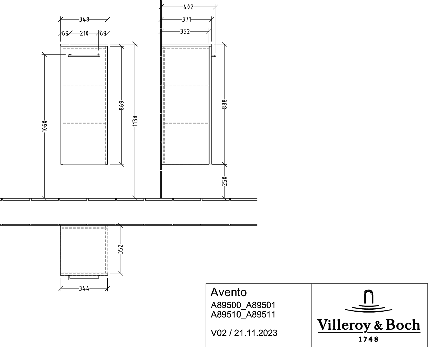 Villeroy & Boch Seitenschrank „Avento“ 35 × 89 × 37,3 × 37,3 cm Stone Oak, Anschlag rechts, Soft Closing, 1 Tür