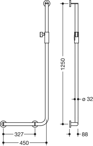 Winkelgriff mit Brausehalter, Edelstahl, PVD, waagerechte Länge 450 mm, senkrechte Länge 1250 mm, D: 32 mm, Ausführung links, mit magnetischem Brausehalter, in Farbe CK (messing glänzend) Winkelgriff mit Brausehalter, Edelstahl, PVD, waagerechte Länge 450 mm, senkrechte Länge 1250 mm, D: 32 mm, Ausführung links, mit magnetischem Brausehalter, in Farbe CK (messing glänzend)