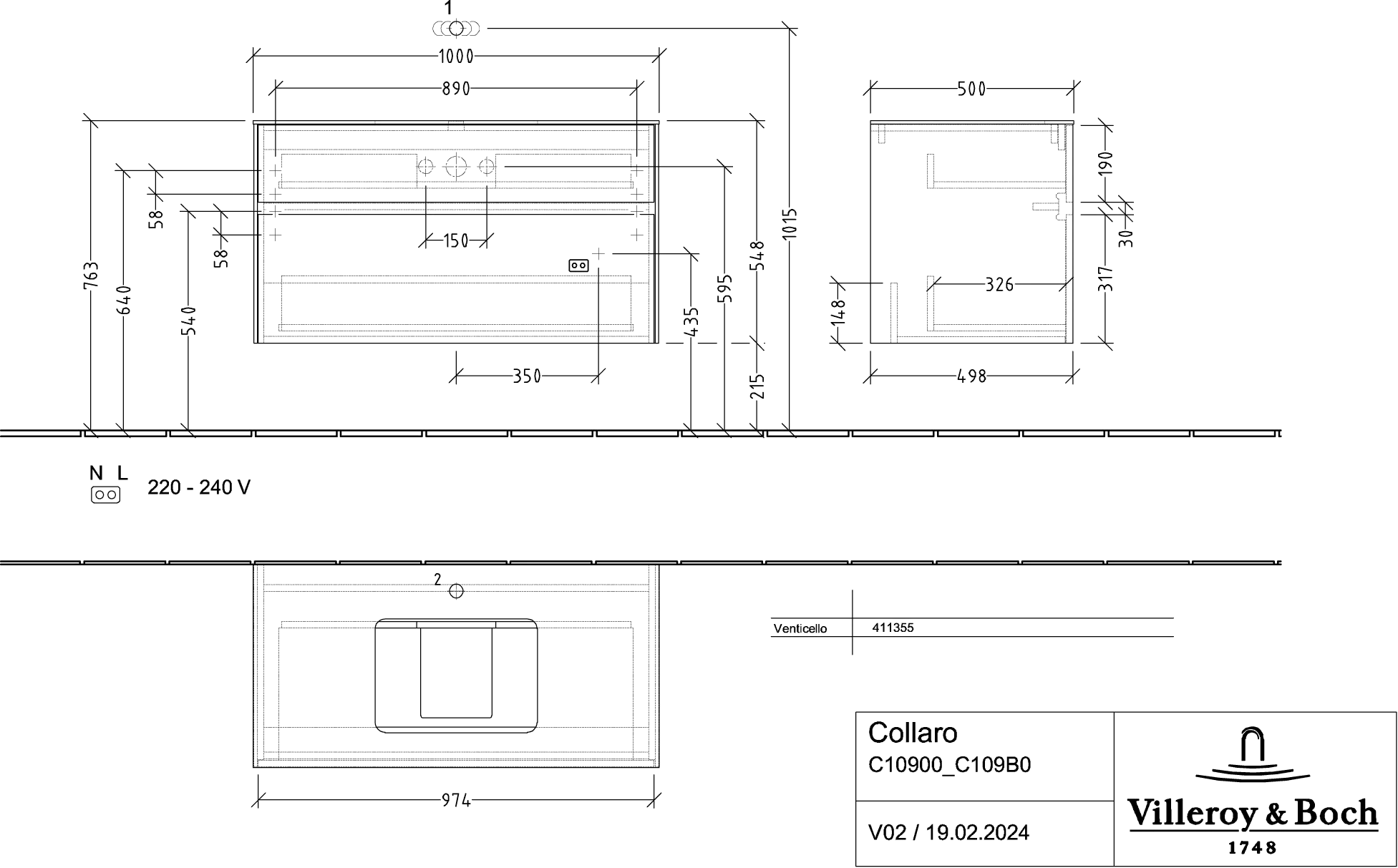 Villeroy & Boch Collaro Waschbeckenunterschrank C10900, 1000 x 548 x 500 mm, Graphite