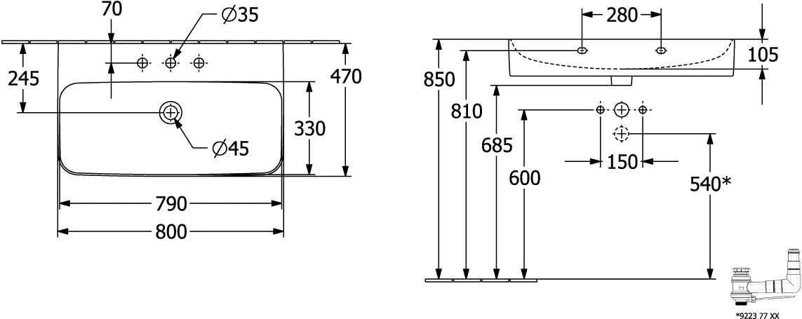 Villeroy & Boch Wandwaschtisch aus TitanCeram „Finion“ 800 × 470 × 165 mm, mit Hahnlochbohrung, Hahnlochposition mittig in Weiß Alpin, mit CeramicPlus Villeroy & Boch Wandwaschtisch aus TitanCeram „Finion“ 800 × 470 × 165 mm, mit Hahnlochbohrung, Hahnlochposition mittig in Weiß Alpin, mit CeramicPlus