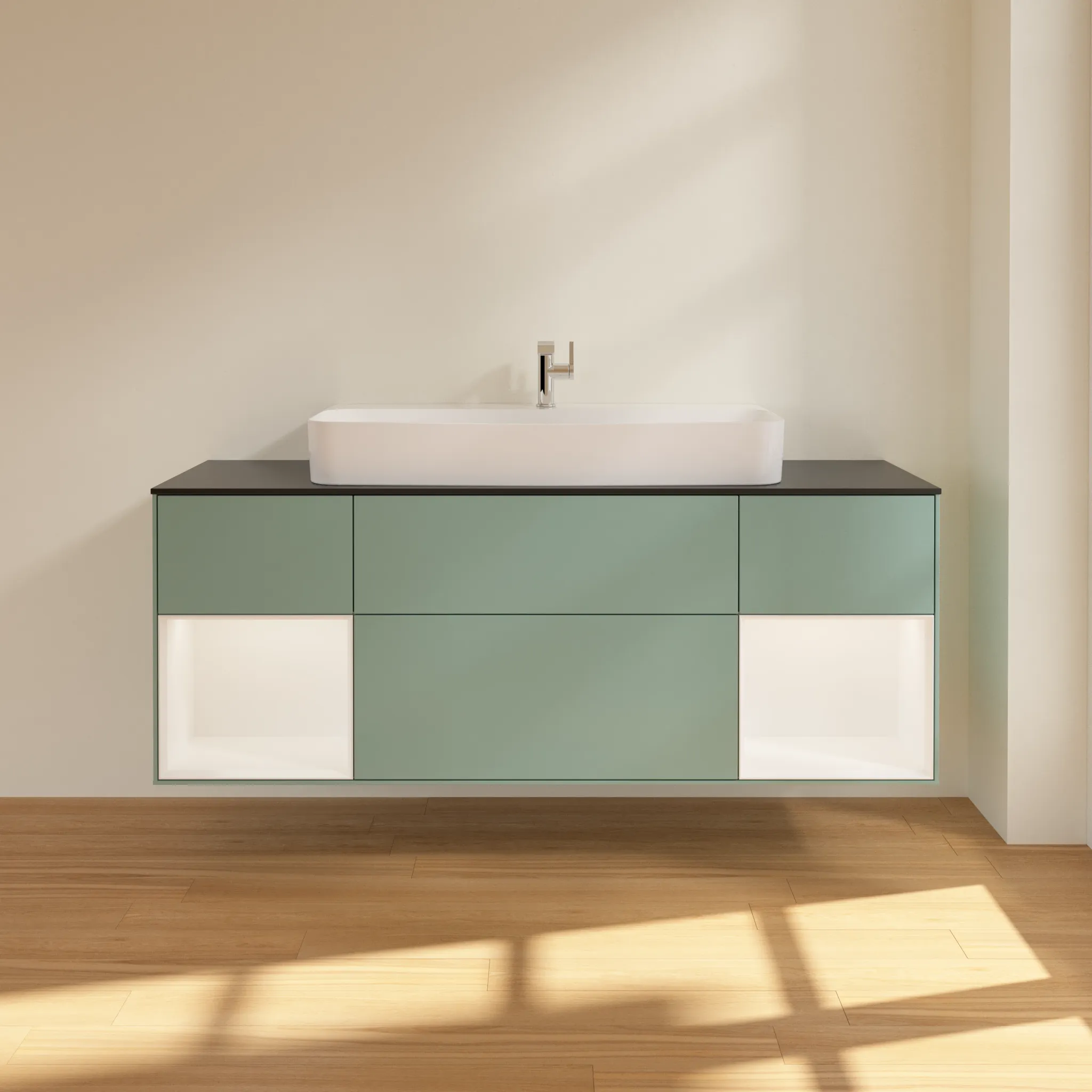 Villeroy & Boch Waschtischunterschrank „Finion“ für Schrankwaschtisch 1600 × 603 × 501 mm Olive Matt Lacquer, für Becken mittig Villeroy & Boch Waschtischunterschrank „Finion“ für Schrankwaschtisch 1600 × 603 × 501 mm Olive Matt Lacquer, für Becken mittig