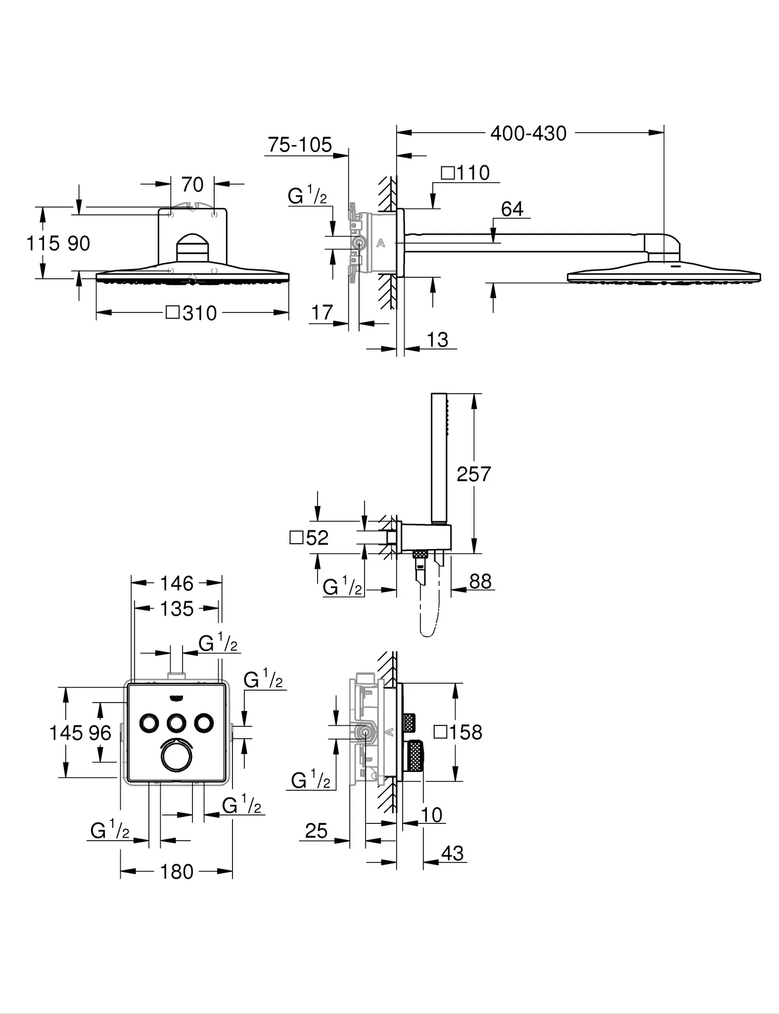 Grohe SmartControl Mischer 34712, Unterputz Duschsystem mit 3 ASV, eckig, chrom Grohe SmartControl Mischer 34712, Unterputz Duschsystem mit 3 ASV, eckig, chrom