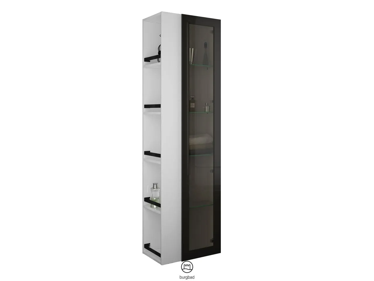 Hochschrank Yumo von burgbad - 320 mm tief, 500 mm breit, 1760 mm hoch mit Rauchglaseinsatz in Bronze und offenem Regal