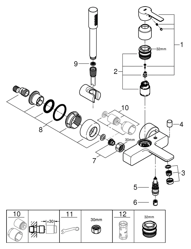 Einhand-Wannenbatterie Lineare 33850_1, Wandmontage, mit Brausegarnitur, mit Temperaturbegrenzer, chrom