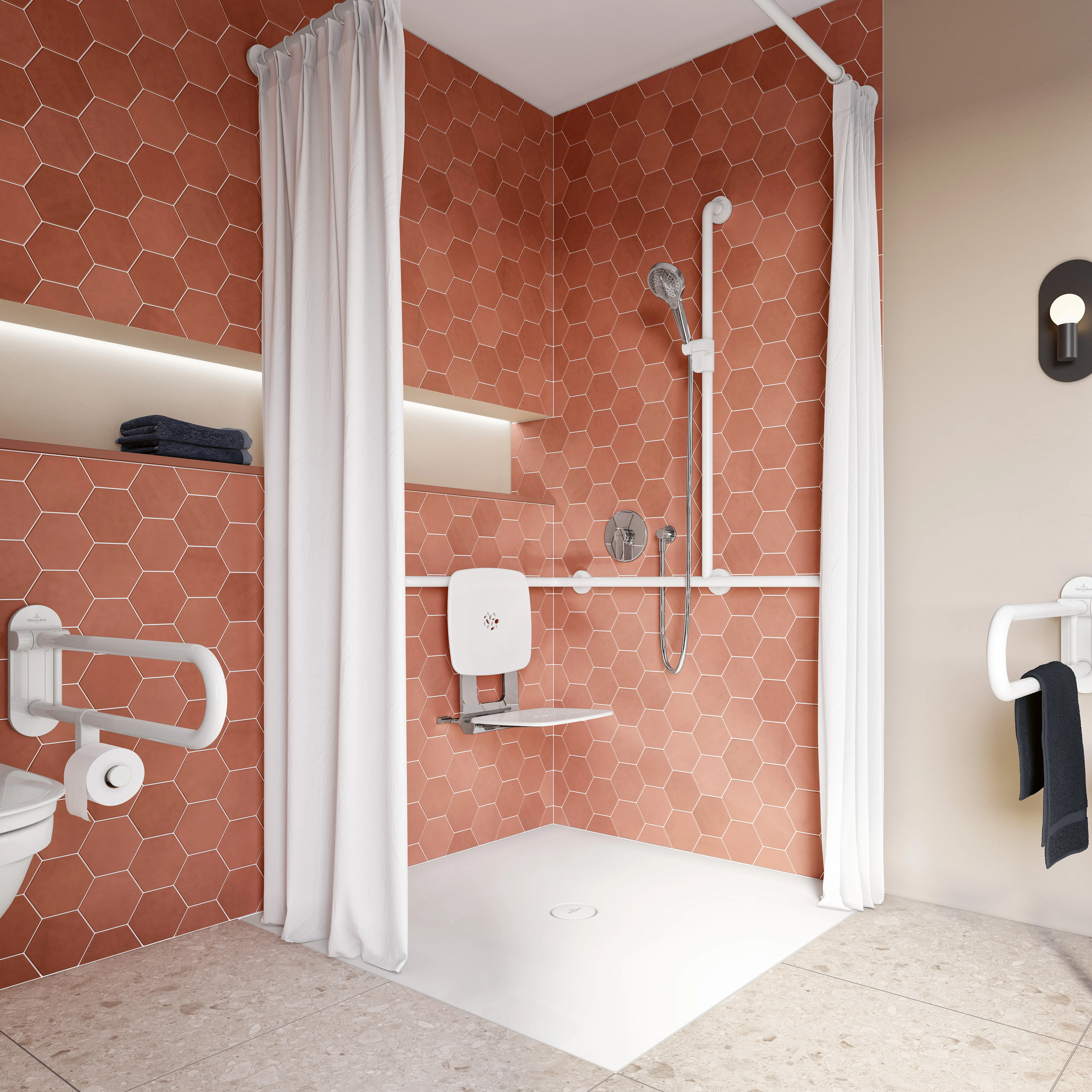 Villeroy & Boch Wandhandlauf T-Form mit Brausehalter „ViCare Funktion“ in weiß Villeroy & Boch Wandhandlauf T-Form mit Brausehalter „ViCare Funktion“ in weiß